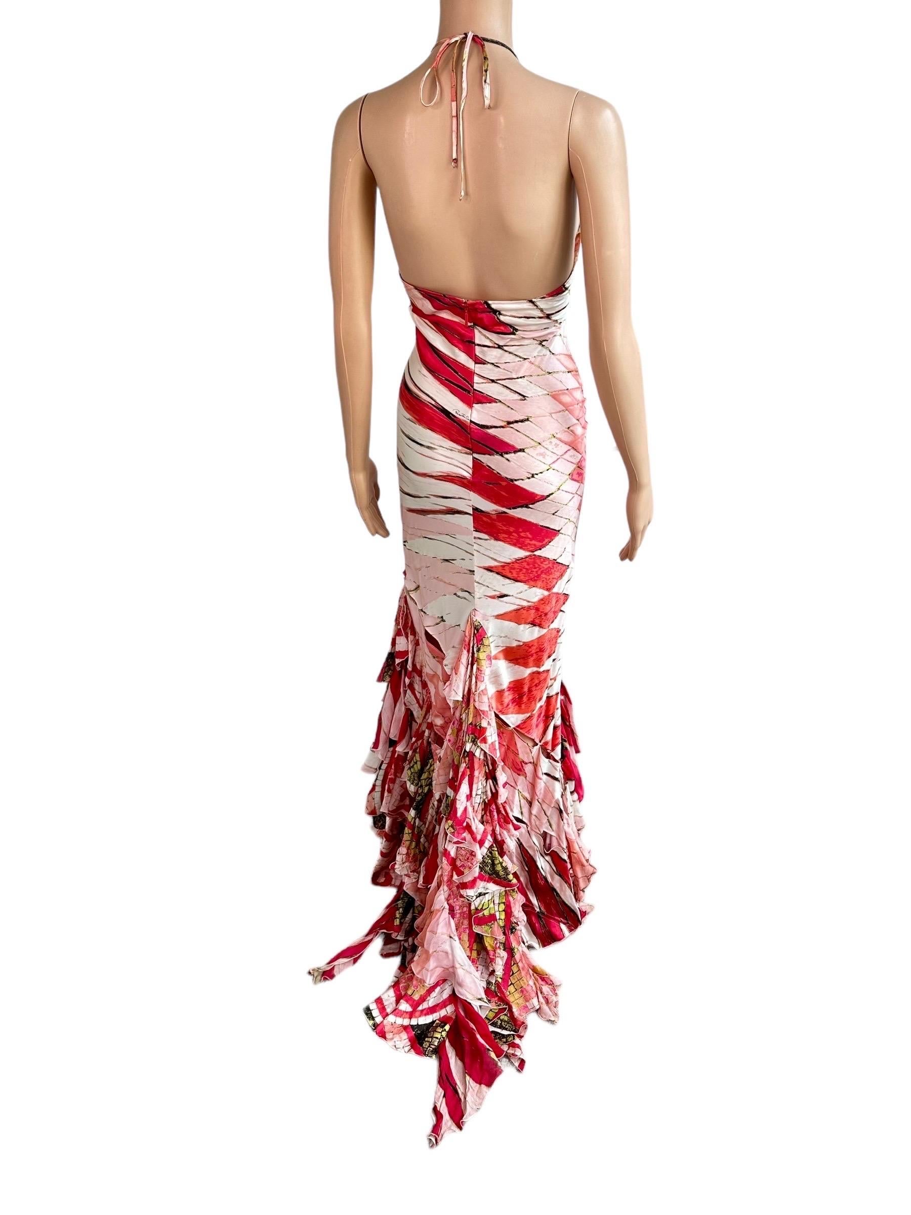 Roberto Cavalli S/S 2004 Plunging Cutout Ruffle Train Silk Evening Dress Gown For Sale 9