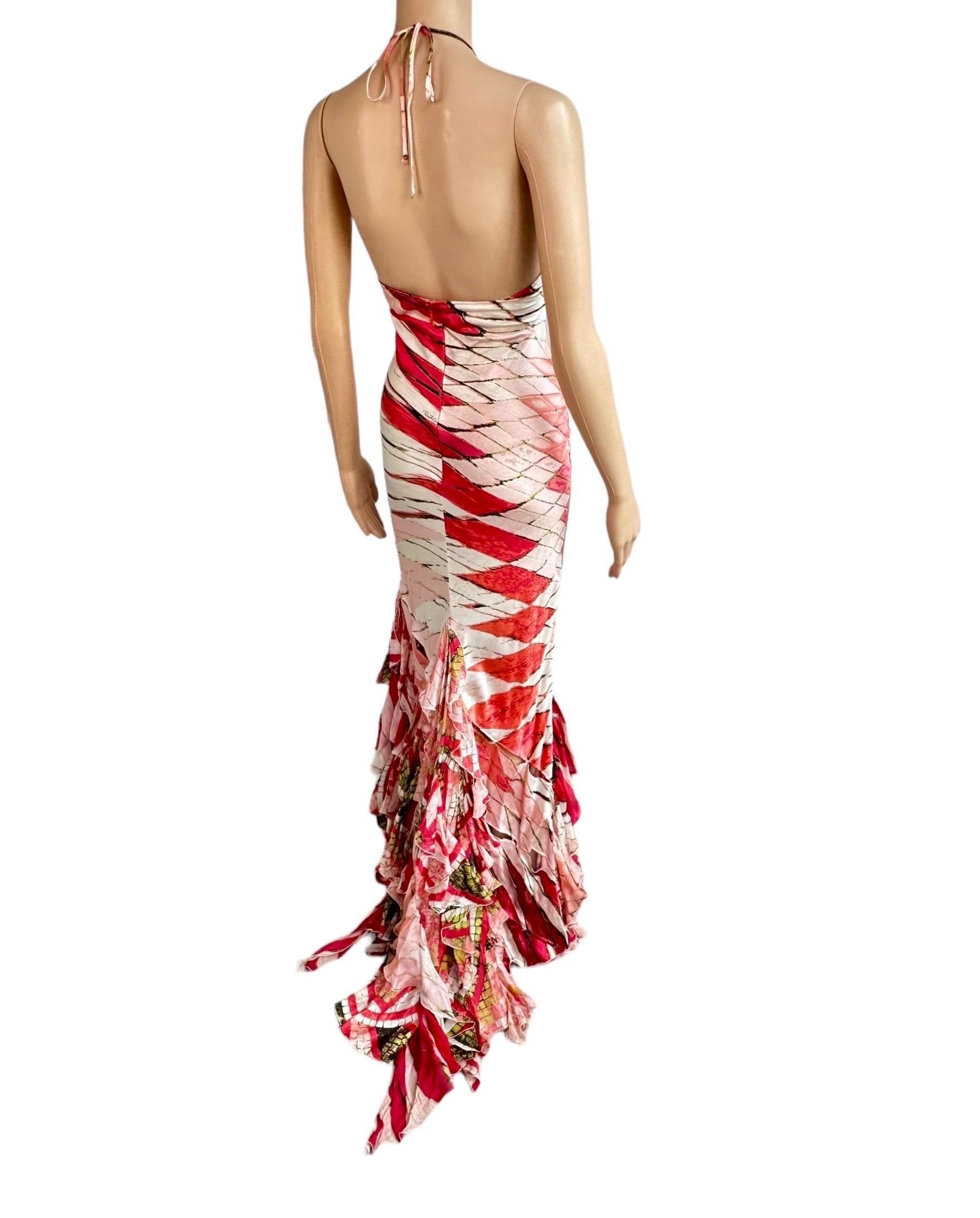 Roberto Cavalli S/S 2004 Plunging Cutout Ruffle Train Silk Evening Dress Gown For Sale 11