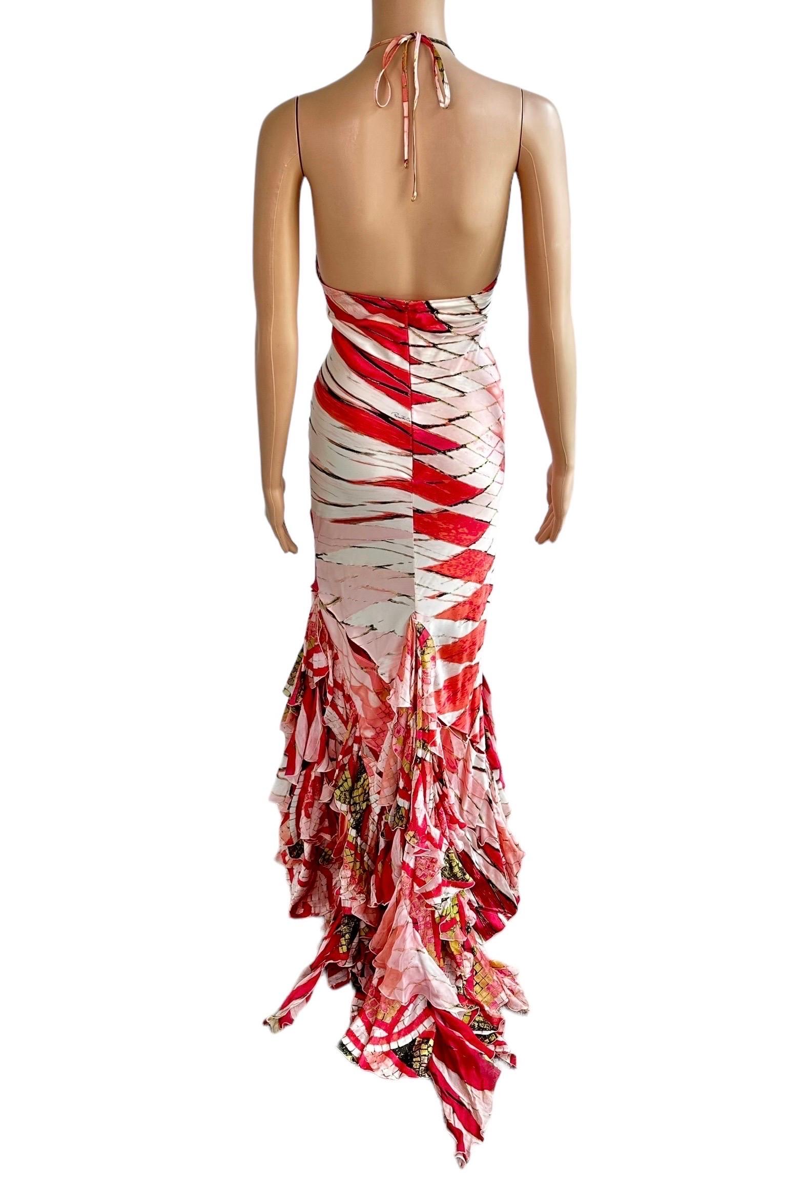 Beige Roberto Cavalli S/S 2004 Plunging Cutout Ruffle Train Silk Evening Dress Gown For Sale