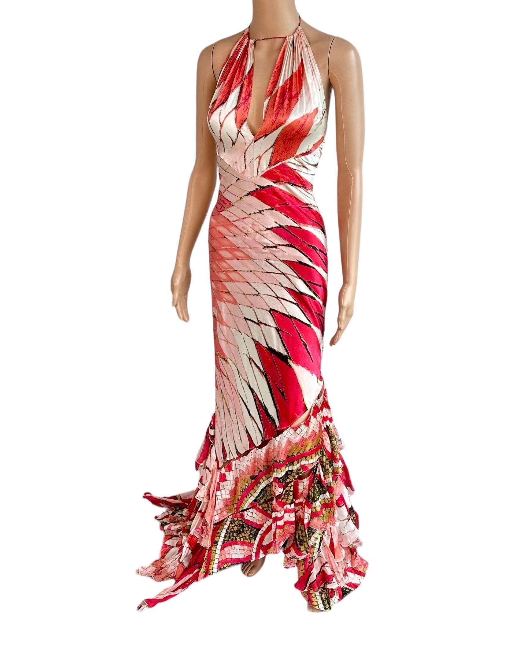 Roberto Cavalli S/S 2004 Plunging Cutout Ruffle Train Silk Evening Dress Gown In Good Condition For Sale In Naples, FL