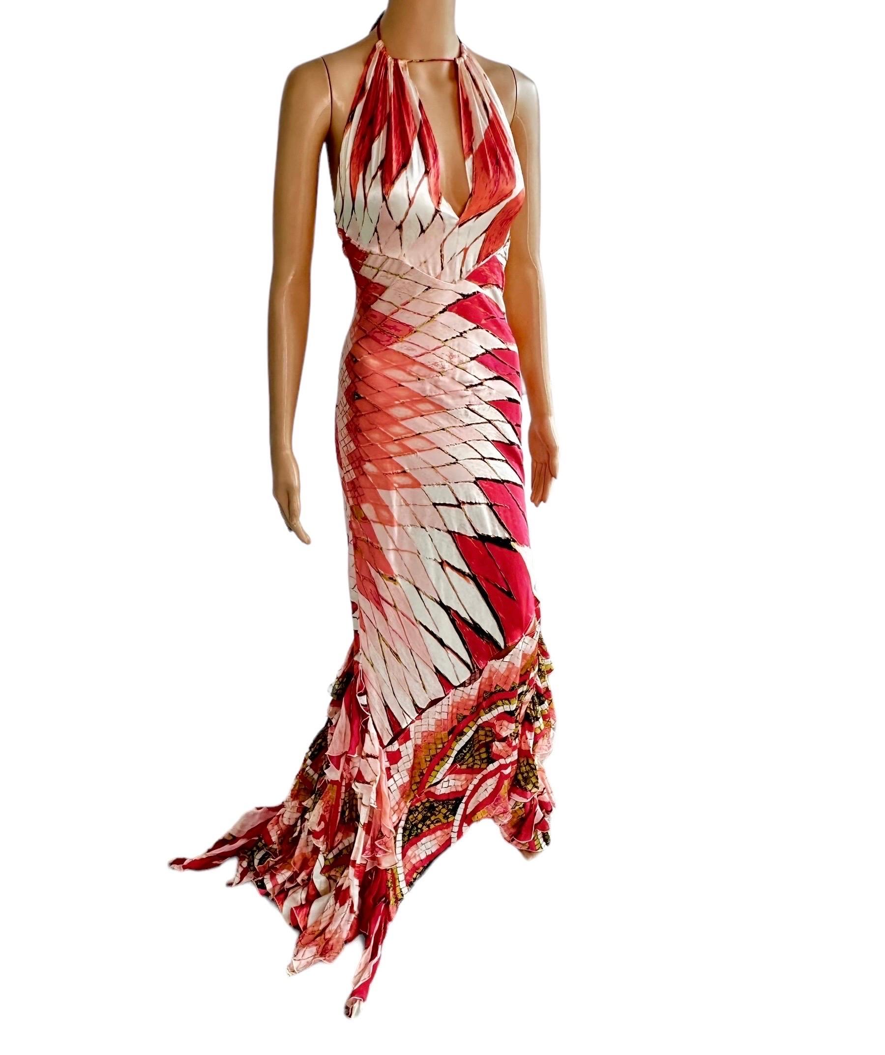 Women's Roberto Cavalli S/S 2004 Plunging Cutout Ruffle Train Silk Evening Dress Gown For Sale