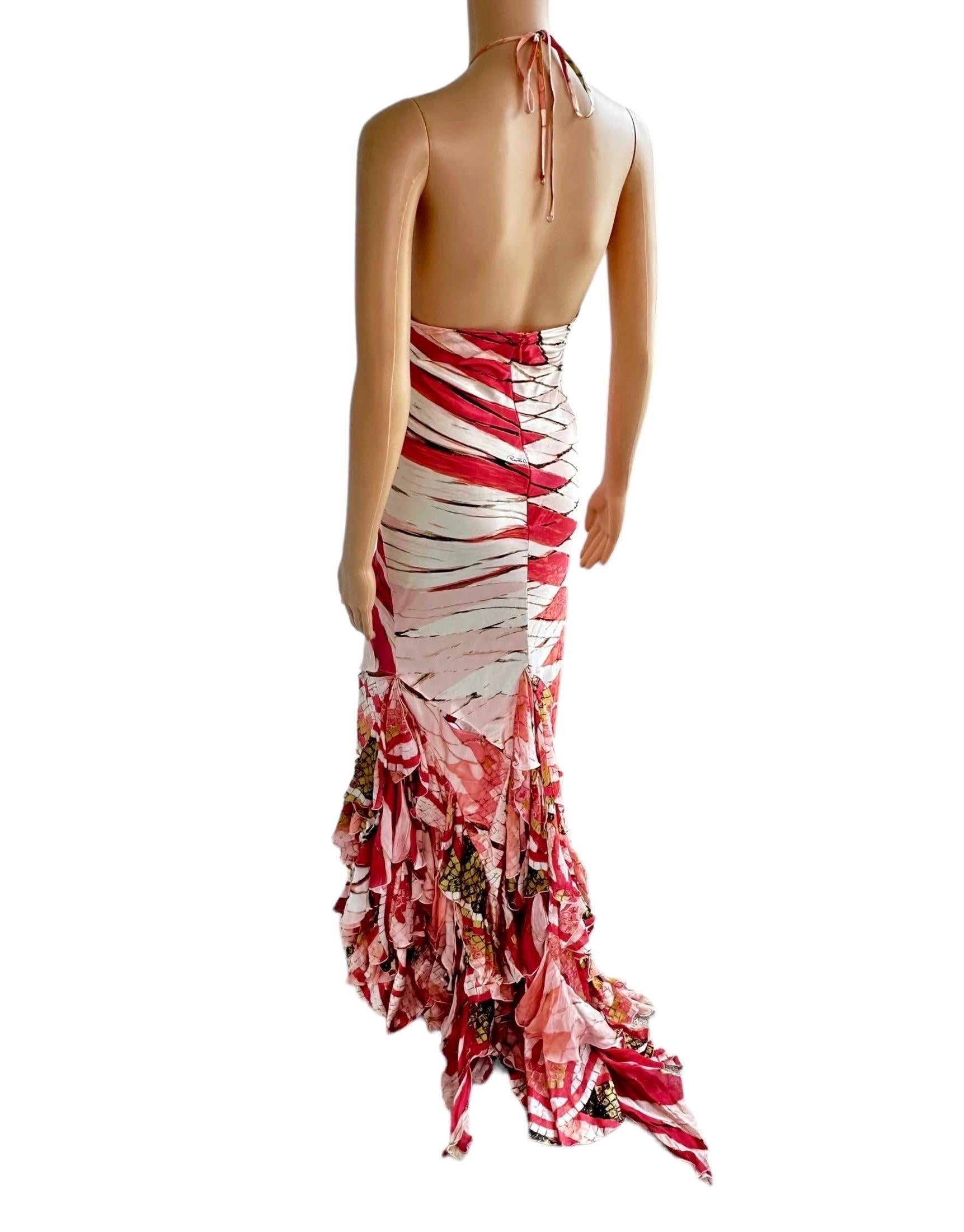 Roberto Cavalli S/S 2004 Plunging Cutout Ruffle Train Silk Evening Dress Gown For Sale 1