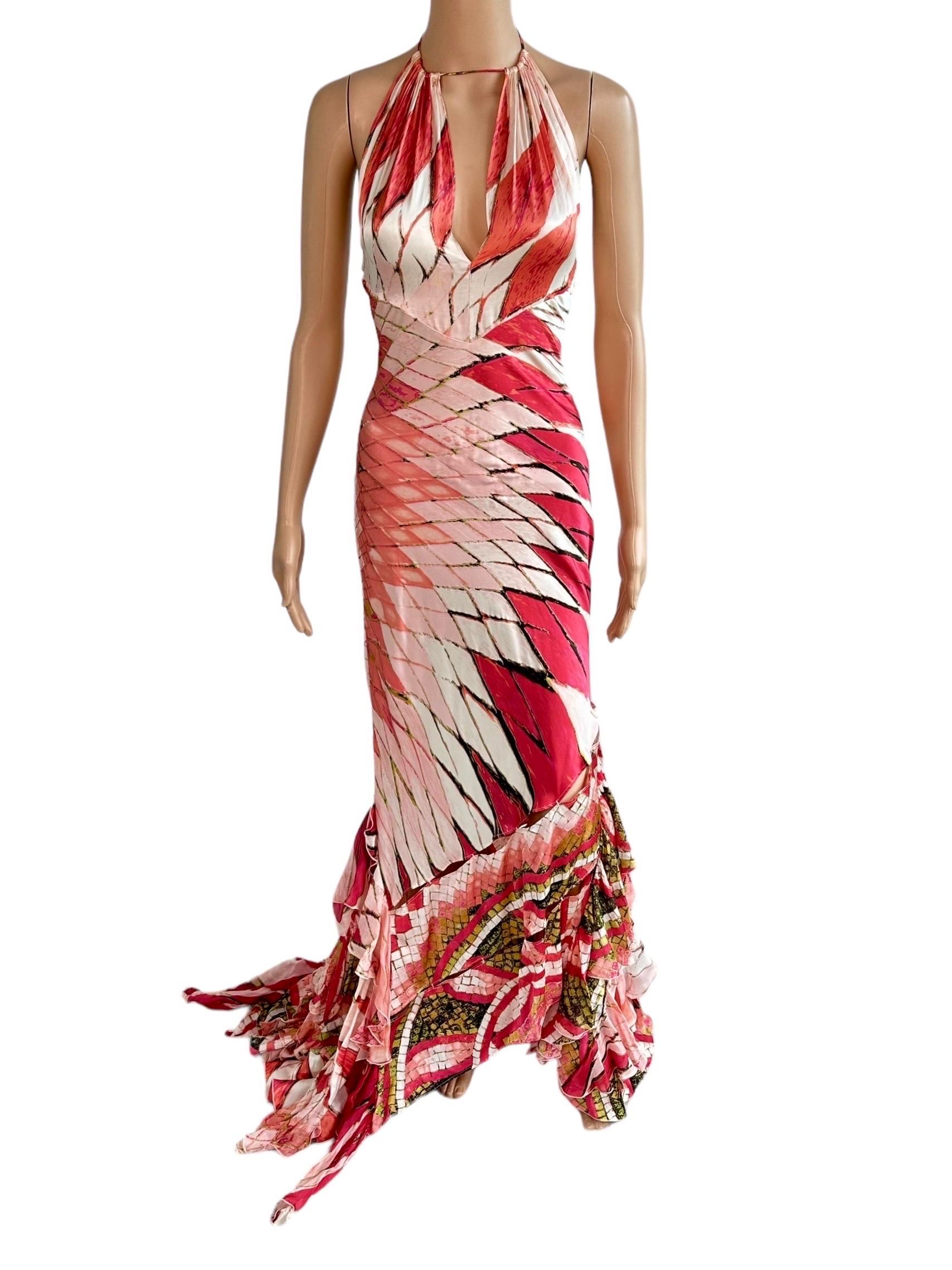 Roberto Cavalli S/S 2004 Plunging Cutout Ruffle Train Silk Evening Dress Gown For Sale 2