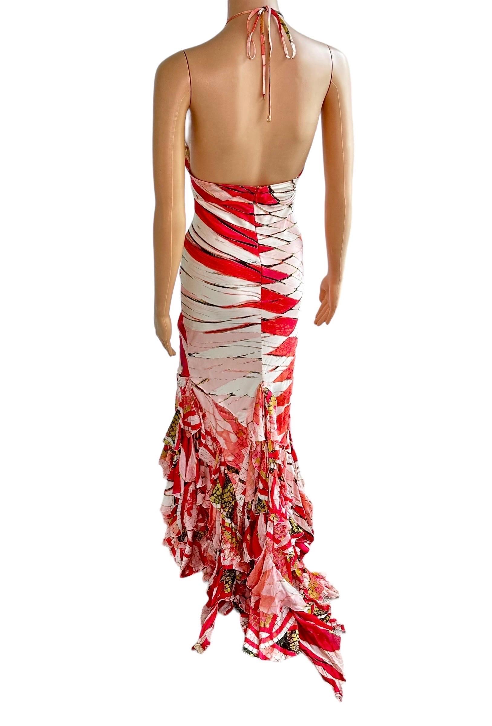 Roberto Cavalli S/S 2004 Plunging Cutout Ruffle Train Silk Evening Dress Gown For Sale 3