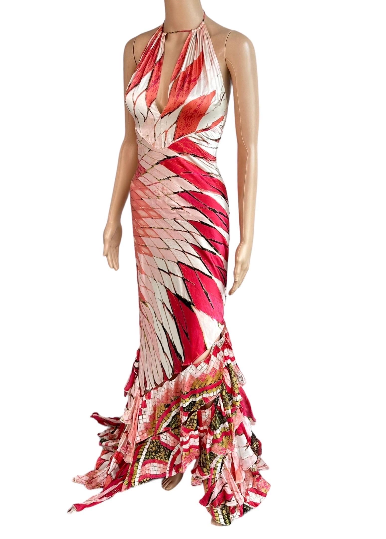 Roberto Cavalli S/S 2004 Plunging Cutout Ruffle Train Silk Evening Dress Gown For Sale 4