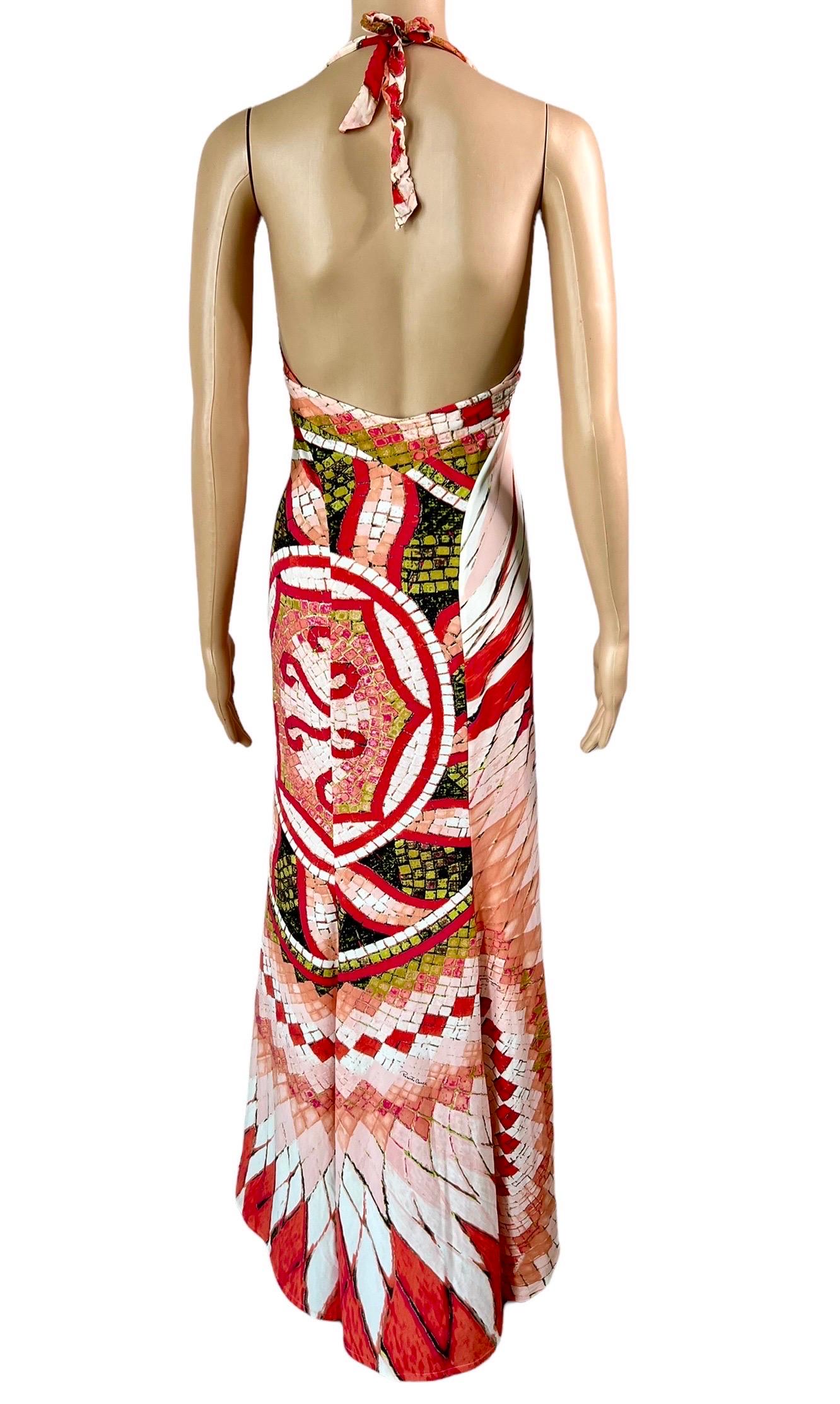 Beige Roberto Cavalli S/S 2004 Plunging Neckline Backless Maxi Evening Dress Gown For Sale