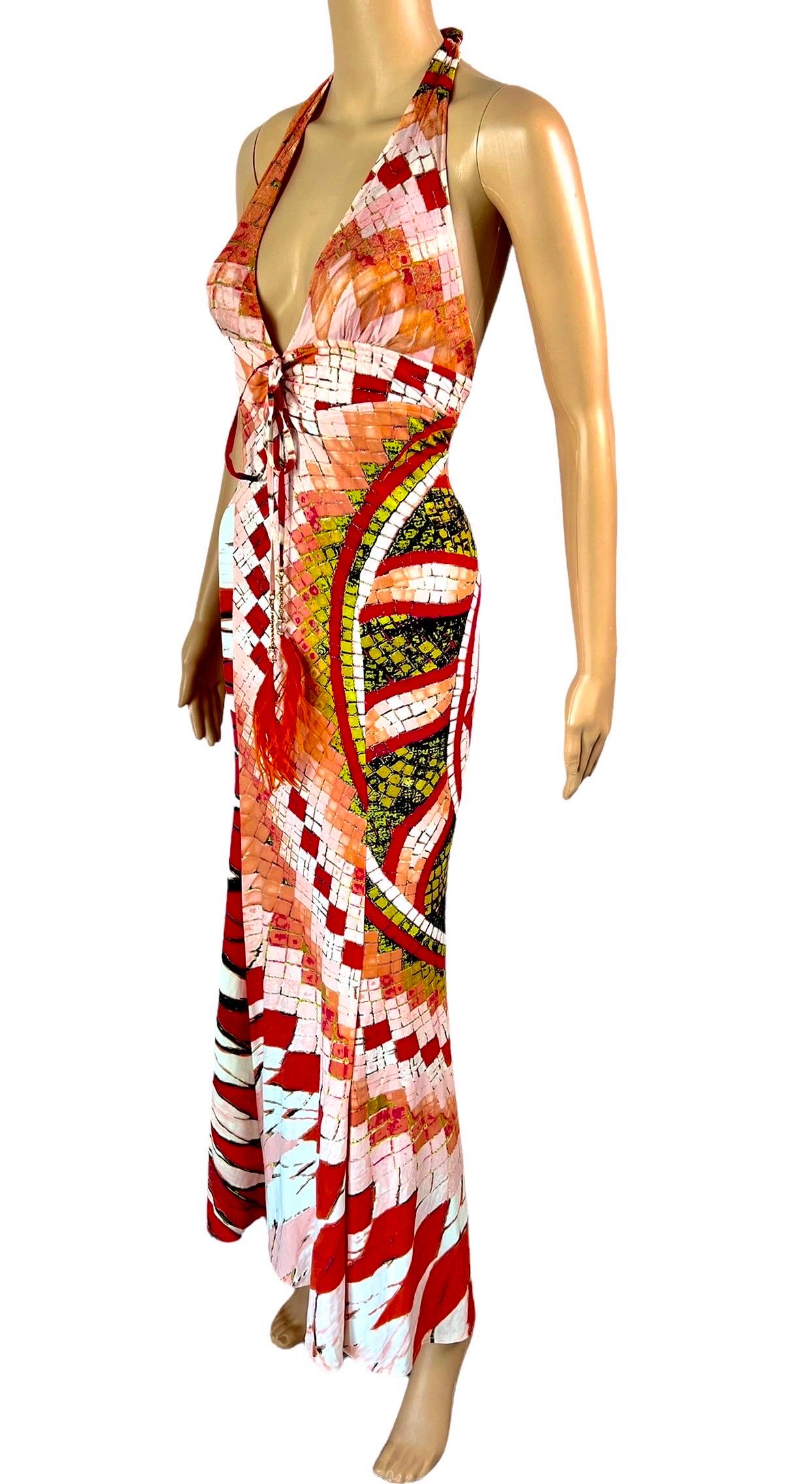 Roberto Cavalli S/S 2004 Plunging Neckline Backless Maxi Evening Dress Gown For Sale 2