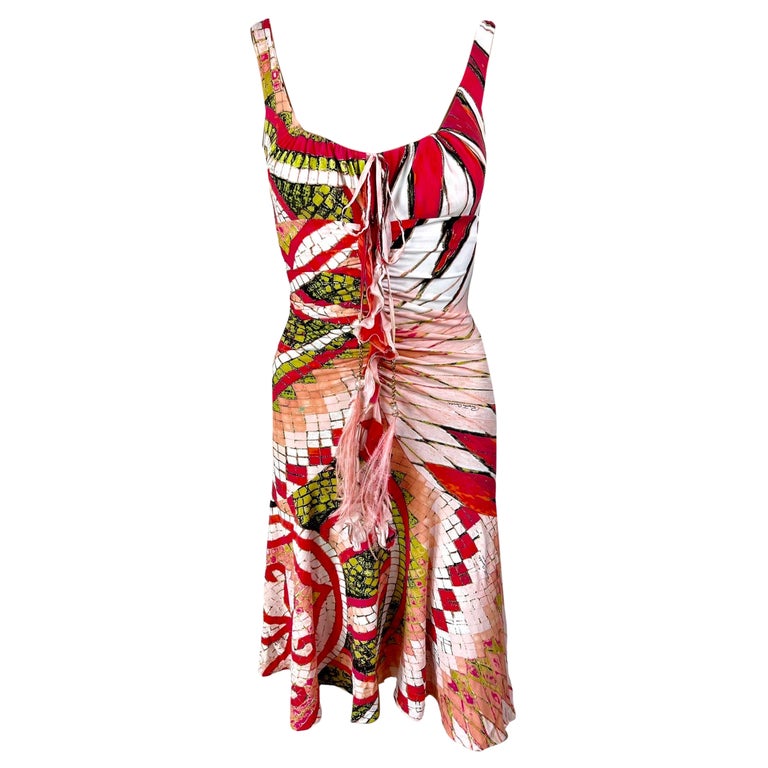Roberto Cavalli S/S 2004 Plunging Neckline Embellished Feathers Dress
