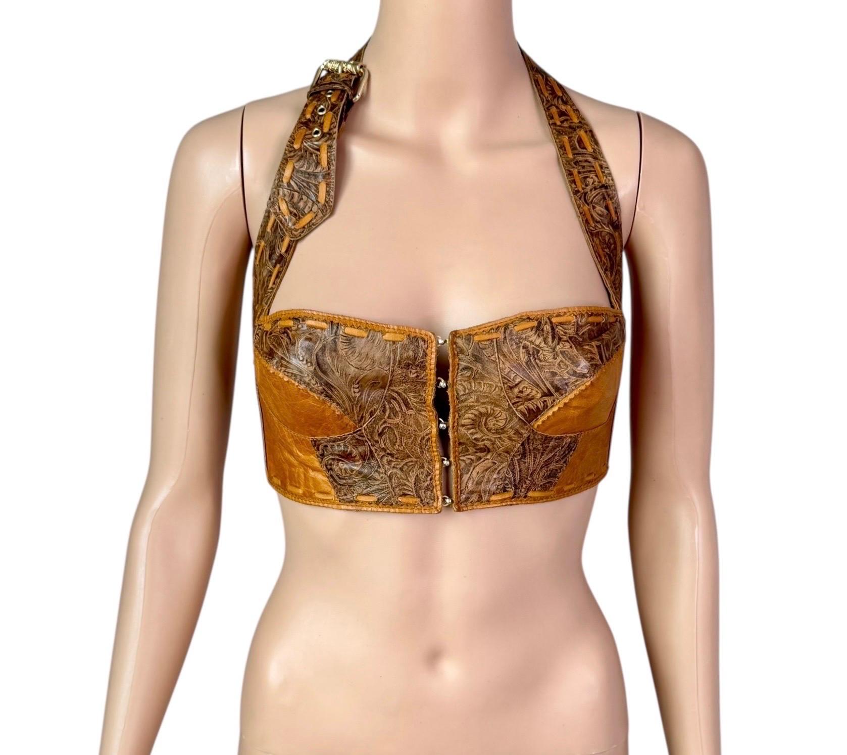 Roberto Cavalli S/S 2004 Runway - Ensemble 2 pièces - Robe à découpes et soutien-gorge bustier en cuir en vente 10