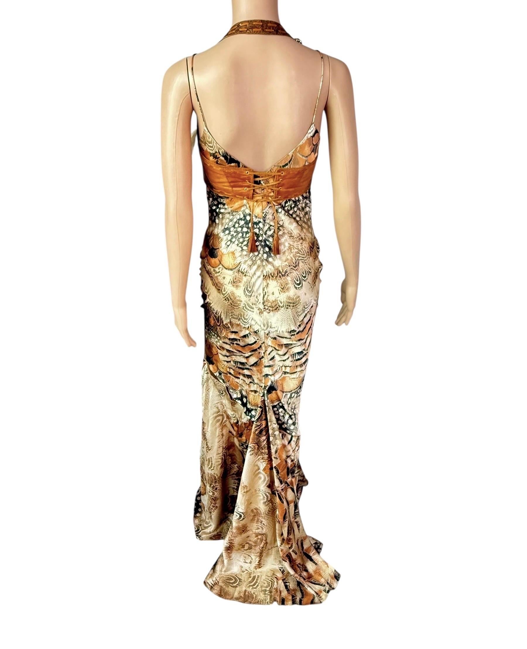 Beige Roberto Cavalli S/S 2004 Runway - Ensemble 2 pièces - Robe à découpes et soutien-gorge bustier en cuir en vente