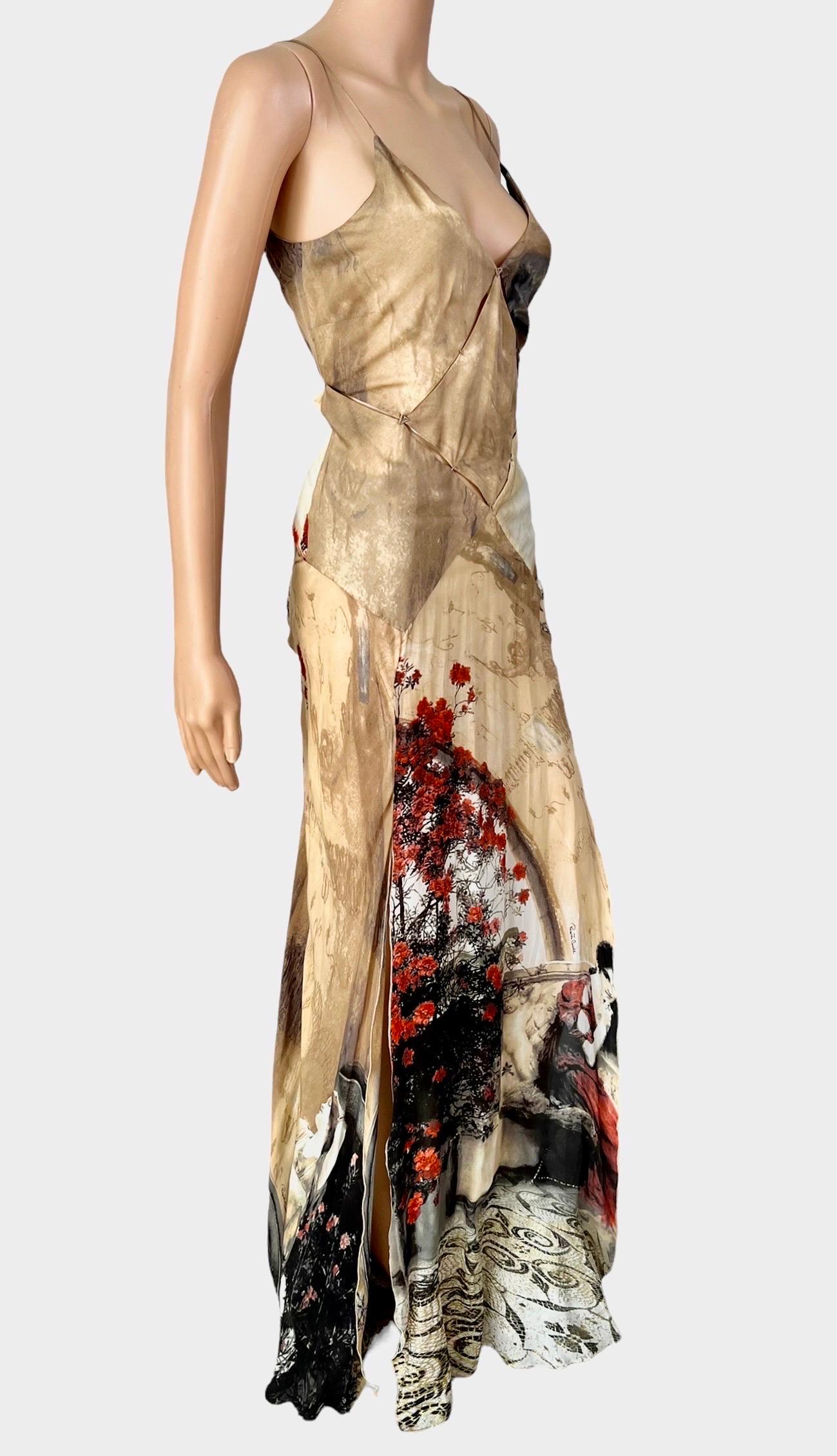 Roberto Cavalli S/S 2004 Runway Plunged Décolleté Cutout High Slit Silk Slip Evening Dress Gown Size M

Look 27 from the Spring 2004 Collection.
