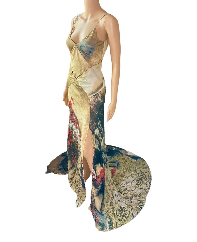 knee length dresses for ladies 2004 Roberto Cavalli Metallic Silk 'Lady Print' High-Slit Trained Gown main image 0