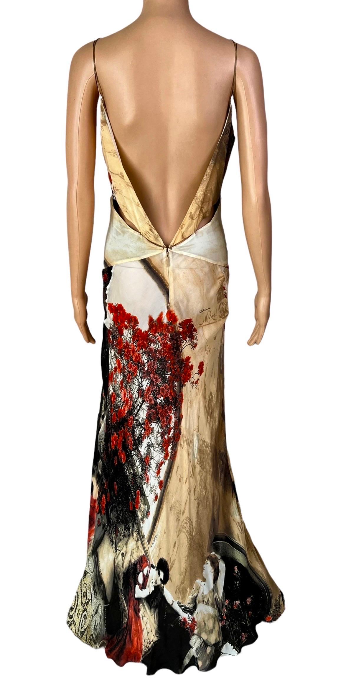 Beige Roberto Cavalli S/S 2004 Runway Cutout High Slit Silk Slip Evening Dress Gown For Sale