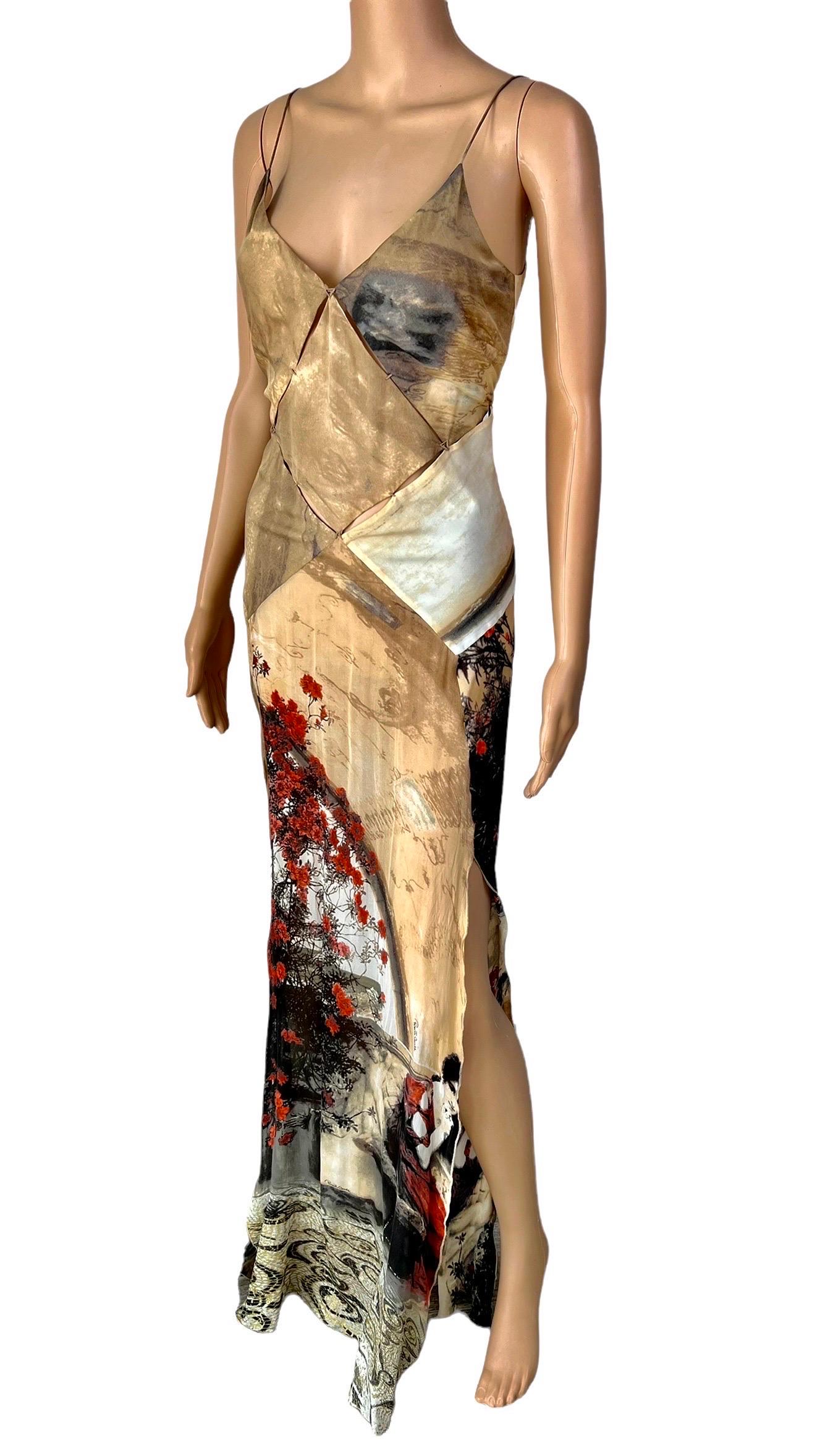 Roberto Cavalli S/S 2004 Runway Cutout High Slit Silk Slip Evening Dress Gown In Good Condition For Sale In Naples, FL
