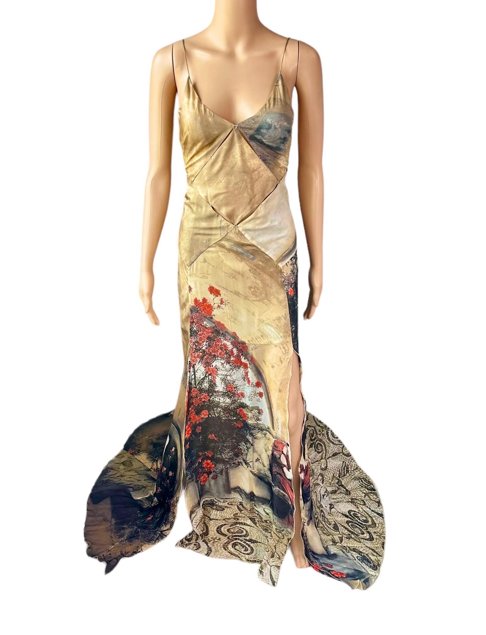 Women's Roberto Cavalli S/S 2004 Runway Cutout High Slit Silk Slip Evening Dress Gown For Sale