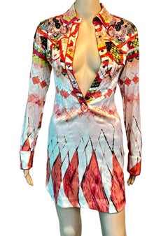 Roberto Cavalli S/S 2004 Runway Embellished Plunging Button Up Mini Shirt Dress