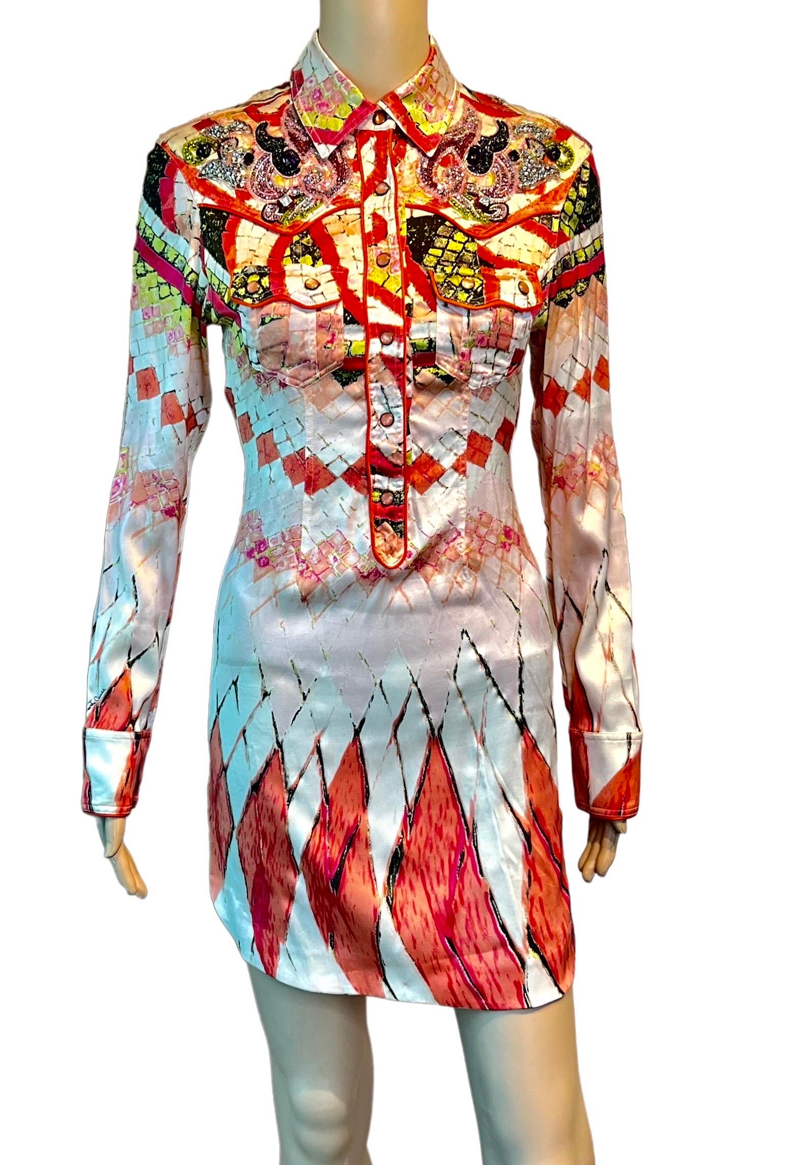 Roberto Cavalli S/S 2004 Runway Embellished Plunging Button Up Mini Shirt Dress In Good Condition For Sale In Naples, FL