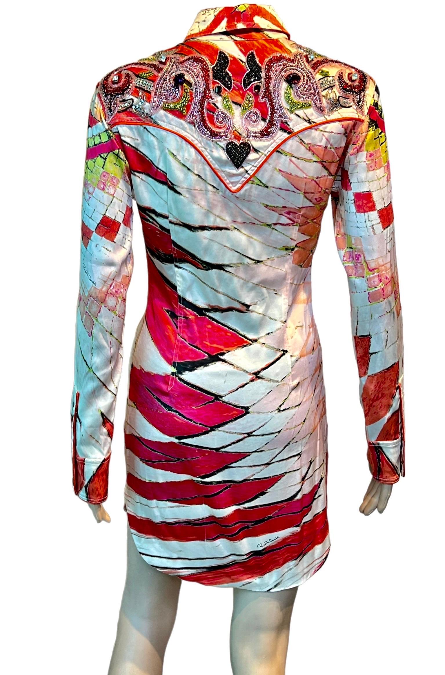 Women's Roberto Cavalli S/S 2004 Runway Embellished Plunging Button Up Mini Shirt Dress For Sale