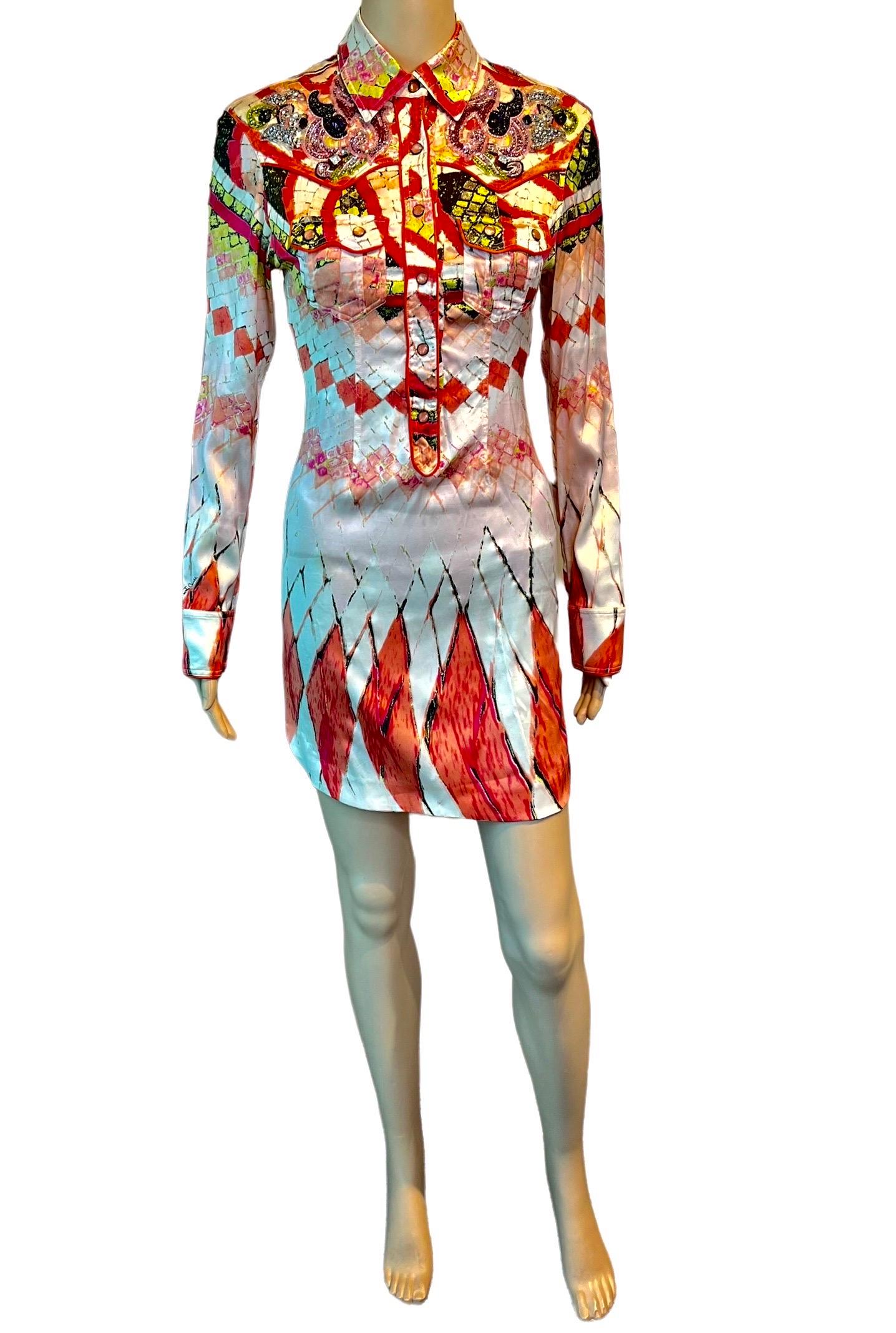 Roberto Cavalli S/S 2004 Runway Embellished Plunging Button Up Mini Shirt Dress For Sale 2