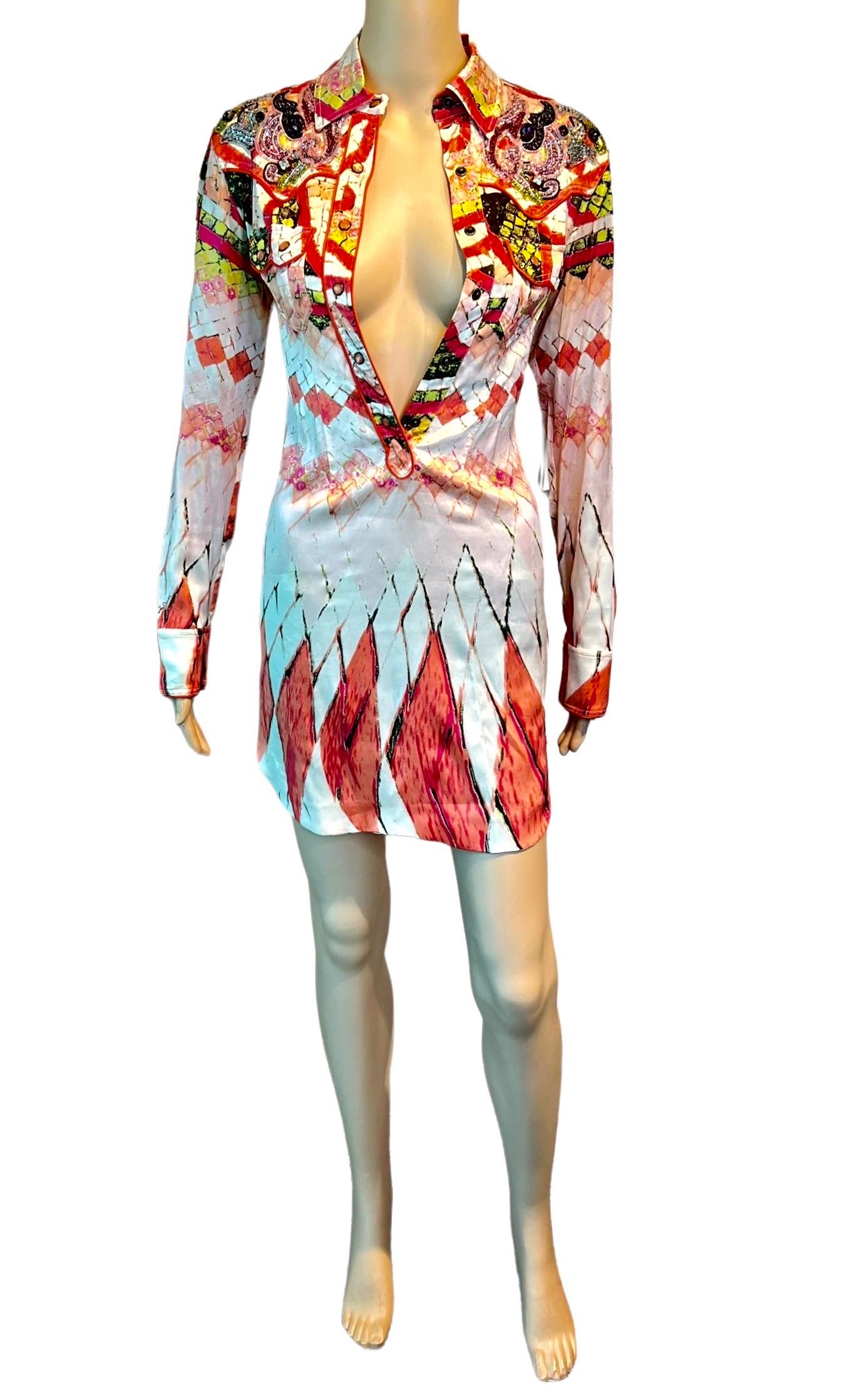 Roberto Cavalli S/S 2004 Runway Embellished Plunging Button Up Mini Shirt Dress For Sale 4