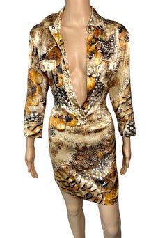 Roberto Cavalli S/S 2004 Runway Plunging Neckline Button Up Mini Shirt Dress