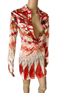 Roberto Cavalli S/S 2004 Runway Plunging Neckline Button Up Mini Shirt Dress