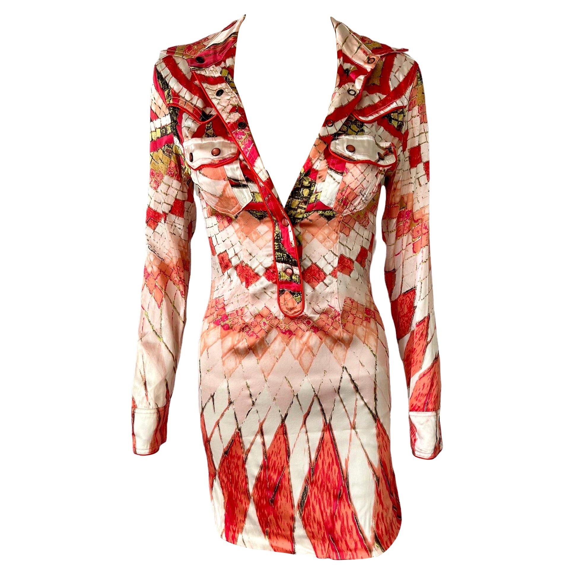 Roberto Cavalli - Passerella P/E 2004 - Vestito a camicia con scollo profondo e bottone in vendita