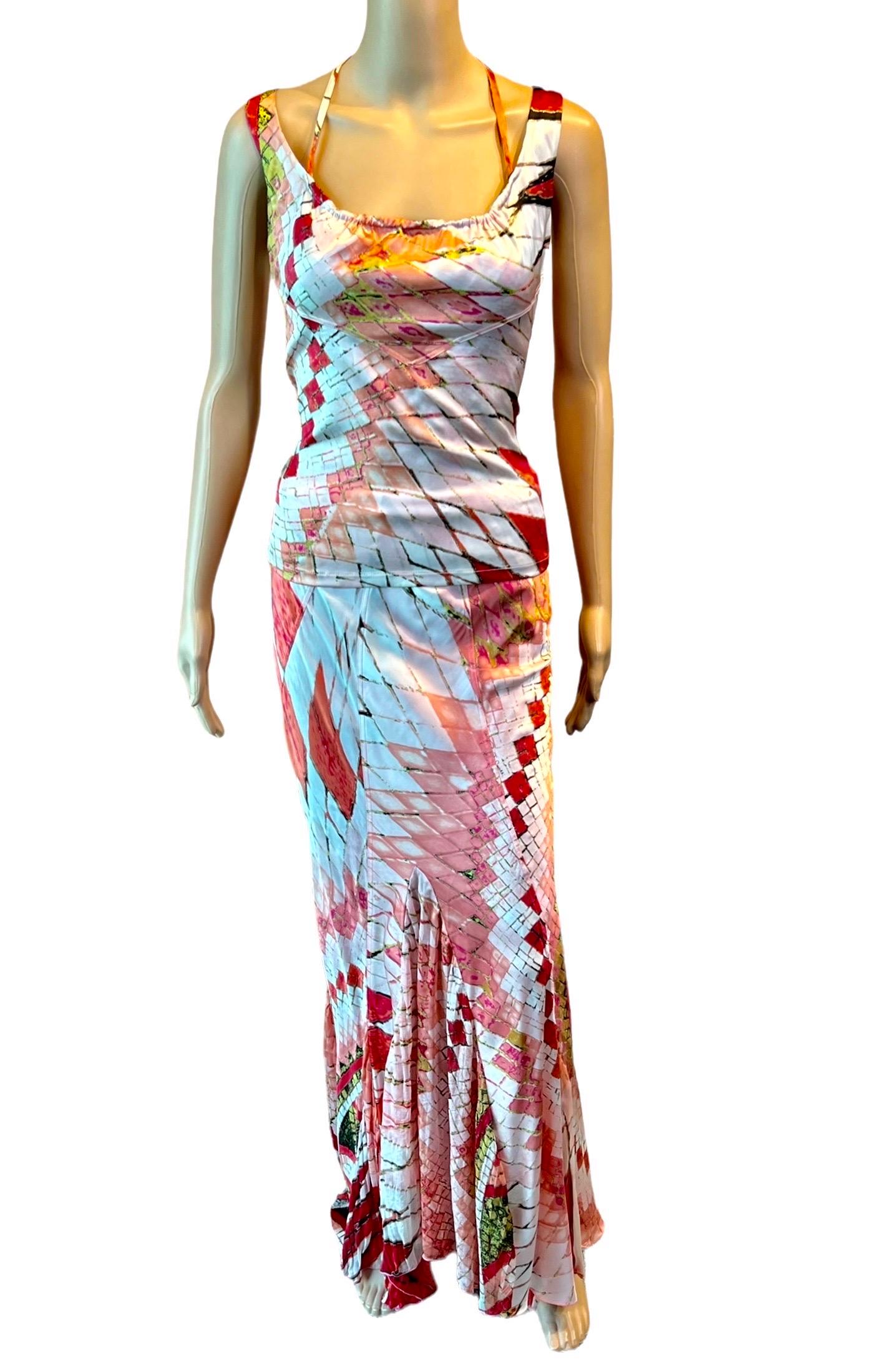 Roberto Cavalli S/S 2004 Silk Metallic Halter Top & Maxi Skirt Ensemble 2 Piece Set Size M


