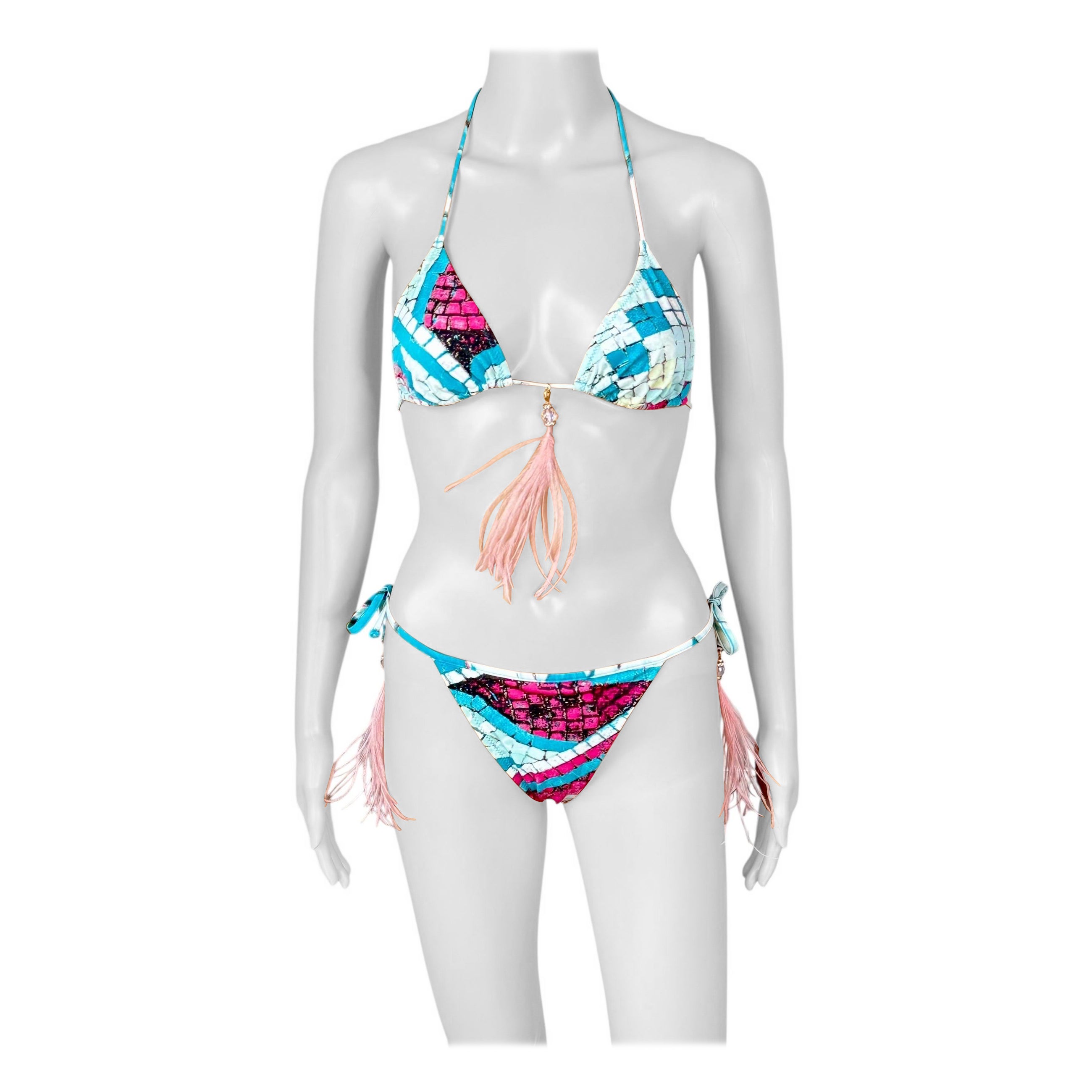 Roberto Cavalli S/S 2004 Ungetragene Feder Zweiteiliger Bikini Set Badeanzug Bademode