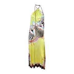 Roberto Cavalli S/S 2004 Yellow Animal-Print Halterneck Open-Back Maxi Dress