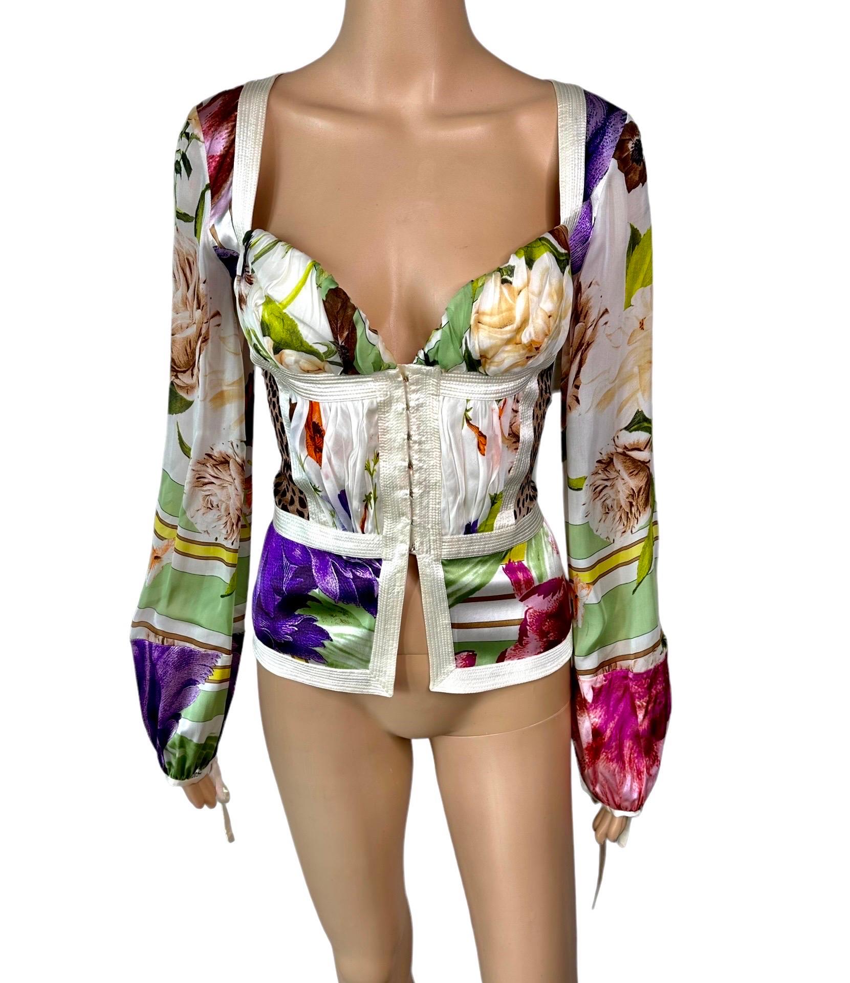 Roberto Cavalli S/S 2005 Bustier Corset Plunging Silk Blouse Top In Good Condition For Sale In Naples, FL