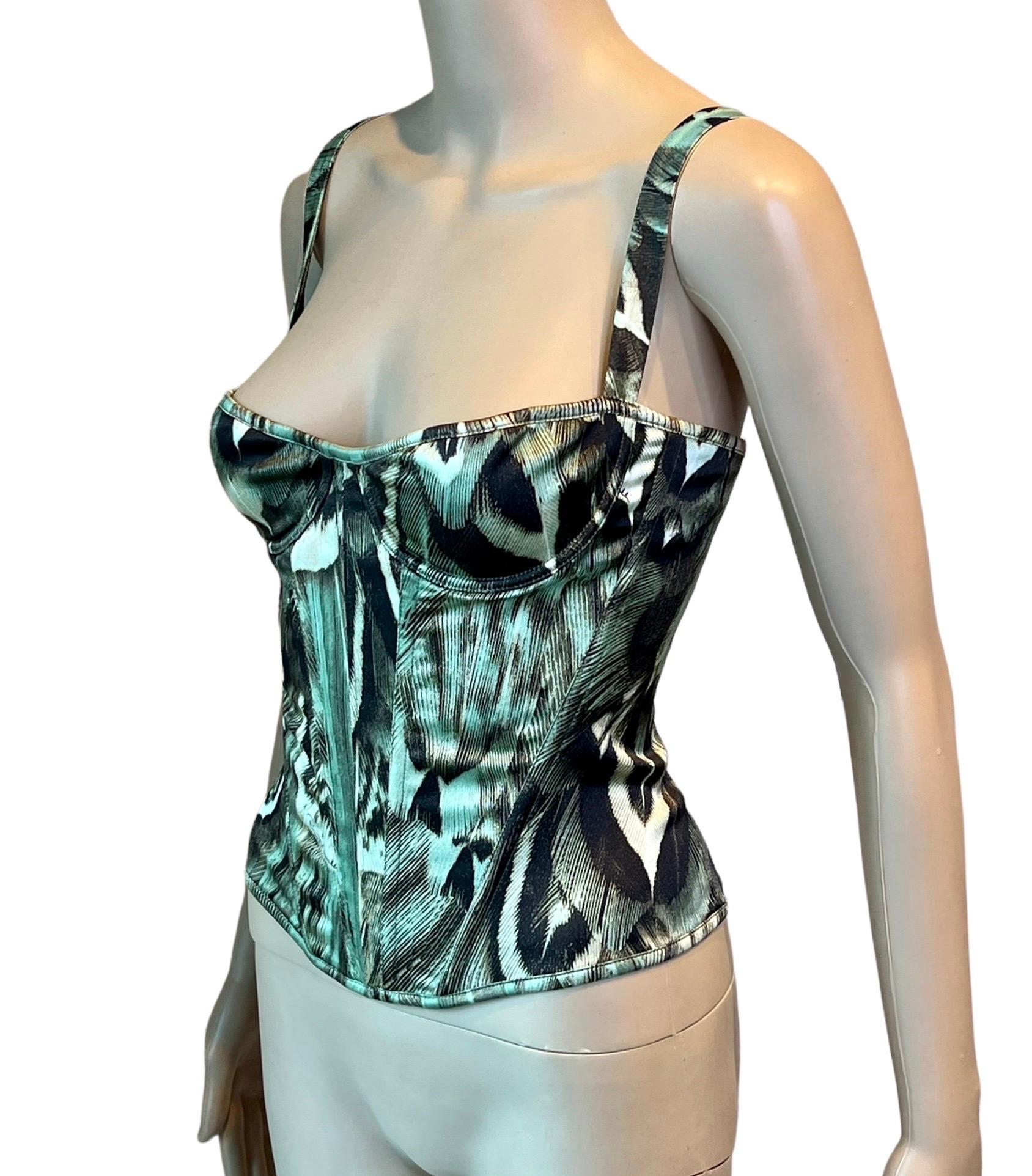 Noir Haut court bustier corset en soie imprimé abstrait Roberto Cavalli S/S 2005 en vente