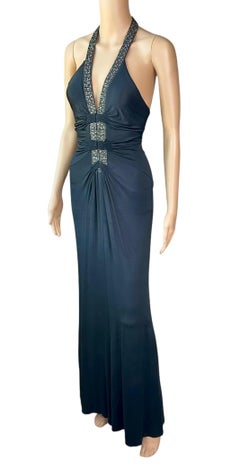 Roberto Cavalli S/S 2005 Embellished Plunging Neckline Black Maxi Evening Dress