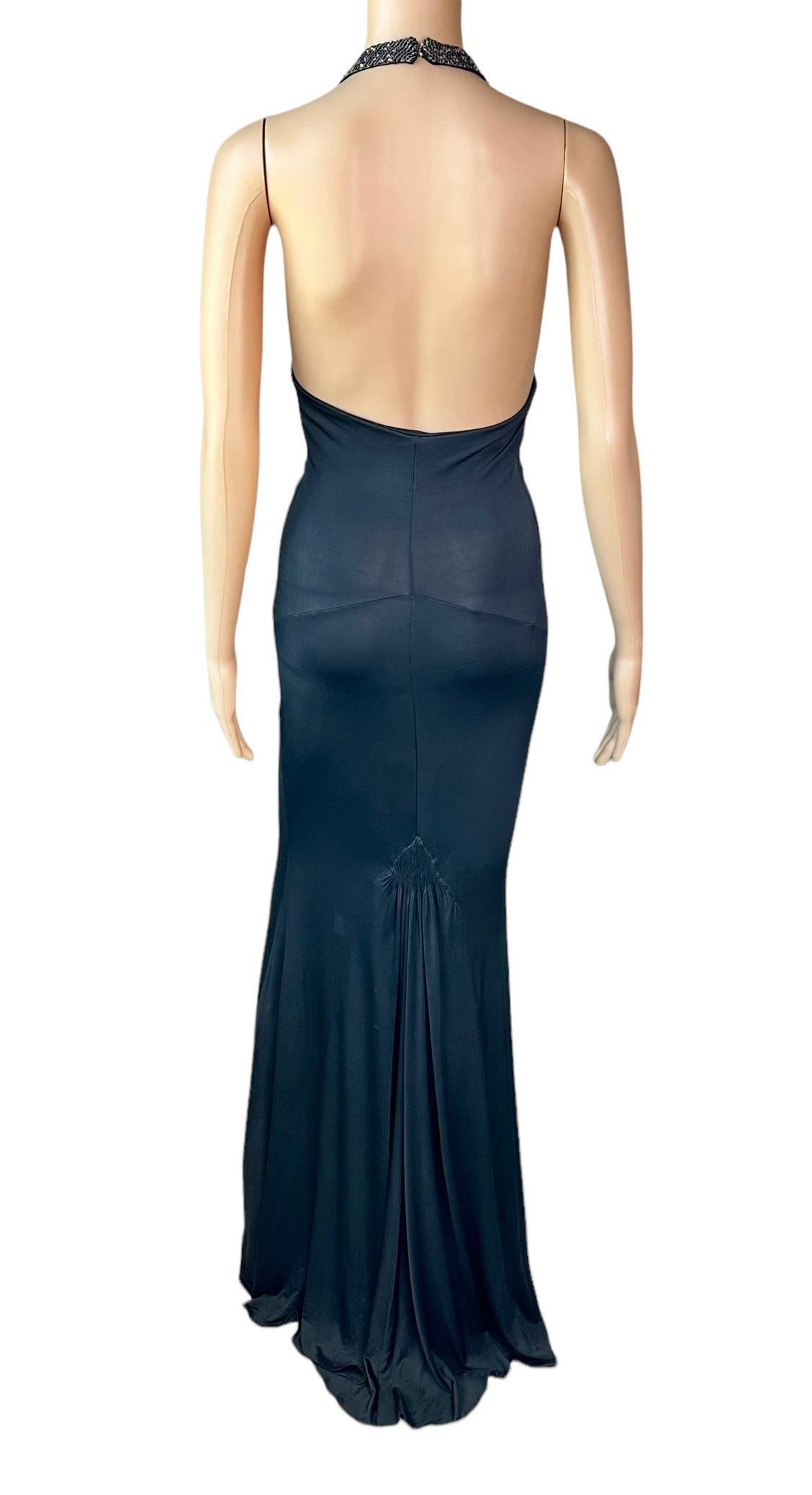 Roberto Cavalli S/S 2005 Embellished Plunging Neckline Black Maxi Evening Dress In Good Condition For Sale In Naples, FL