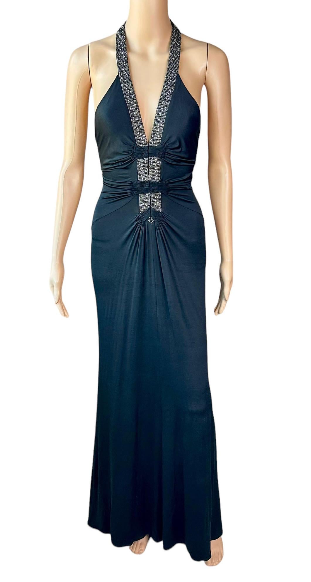 Women's Roberto Cavalli S/S 2005 Embellished Plunging Neckline Black Maxi Evening Dress For Sale