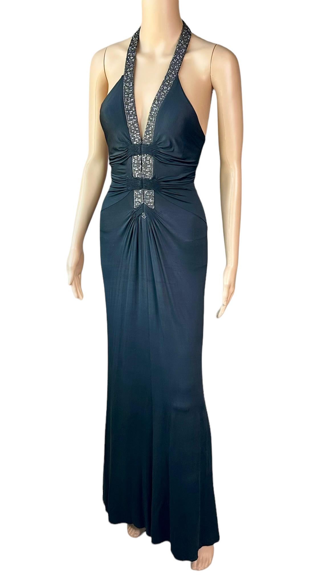 Roberto Cavalli S/S 2005 Embellished Plunging Neckline Black Maxi Evening Dress For Sale 2