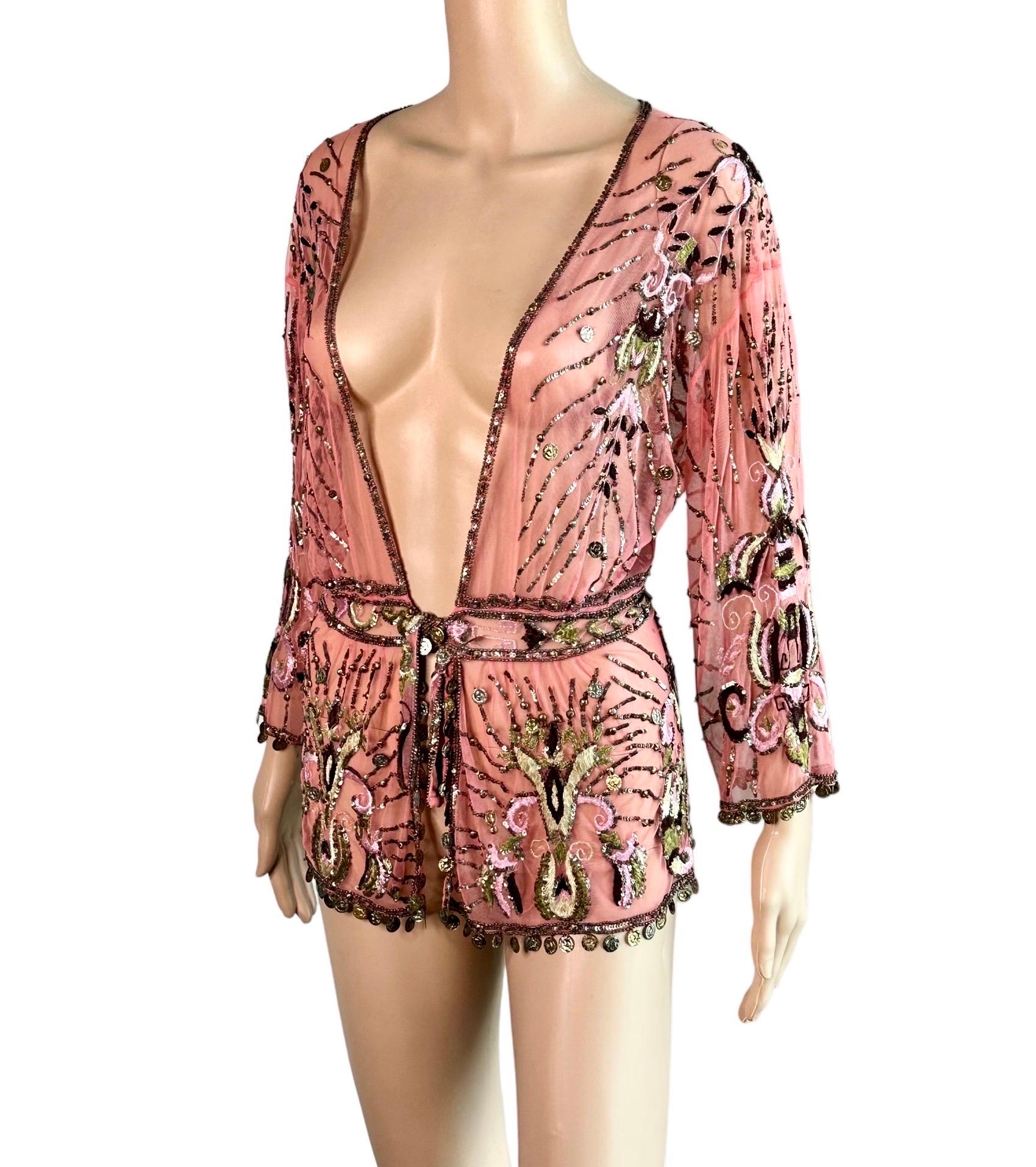 Roberto Cavalli S/S 2005 Embellished Sheer Mesh Embroidered Cardigan Jacket Top In Good Condition In Naples, FL