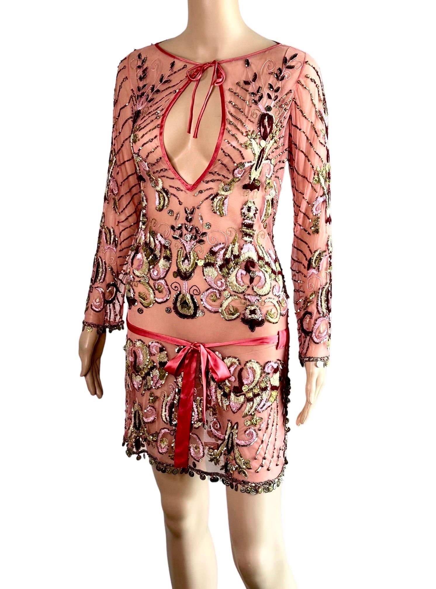 Roberto Cavalli S/S 2005 Embellished Sheer Mesh Embroidered Mini Dress Size XS

Please note this dress comes as a 2 piece set - the sheer mesh upper layer can be worn with or without the slip dress underneath based on preference ( see