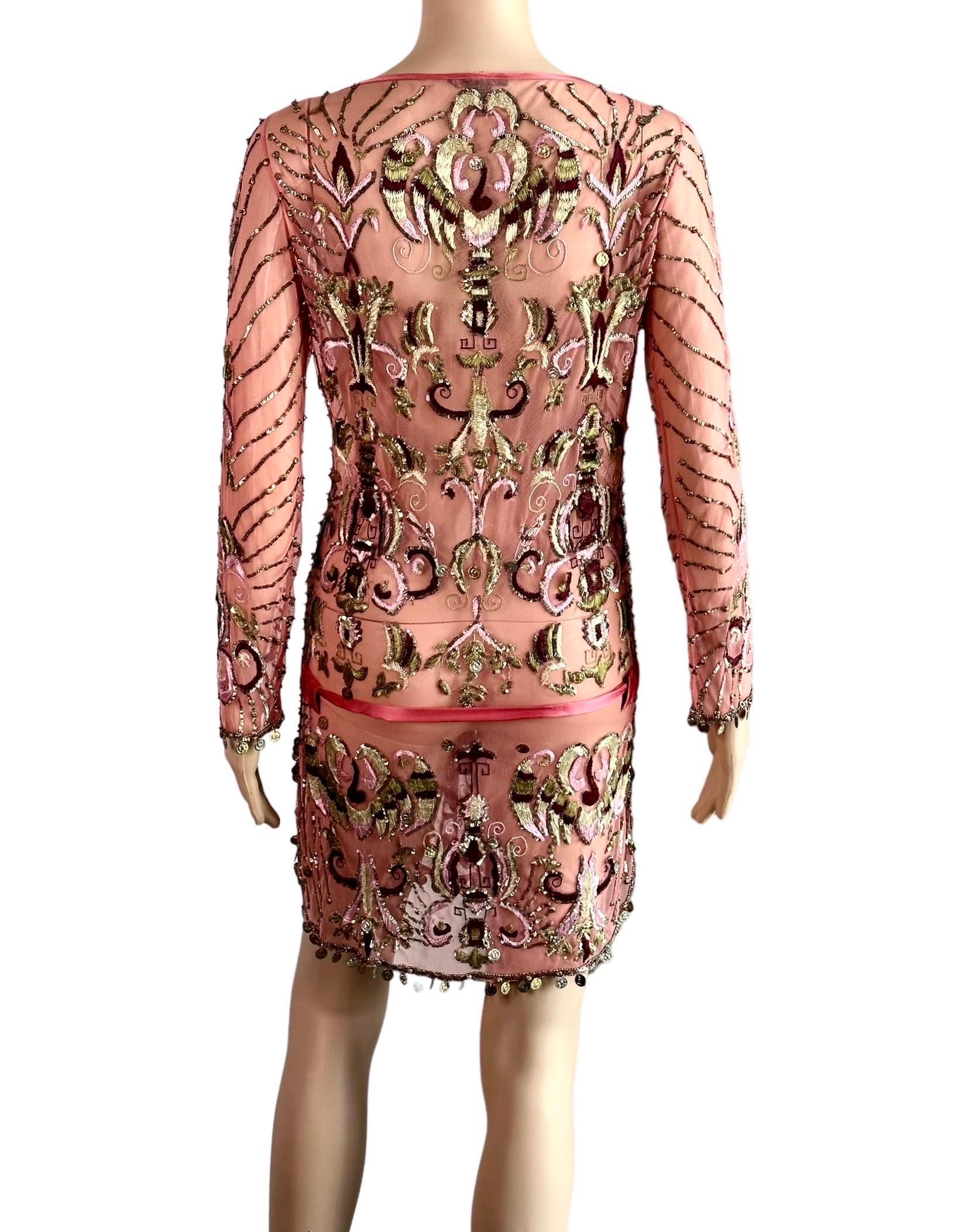 Roberto Cavalli S/S 2005 Embellished Sheer Mesh Embroidered Mini Dress In Good Condition In Naples, FL