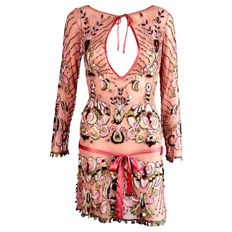 Roberto Cavalli S/S 2005 Embellished Sheer Mesh Embroidered Mini Dress at  1stDibs