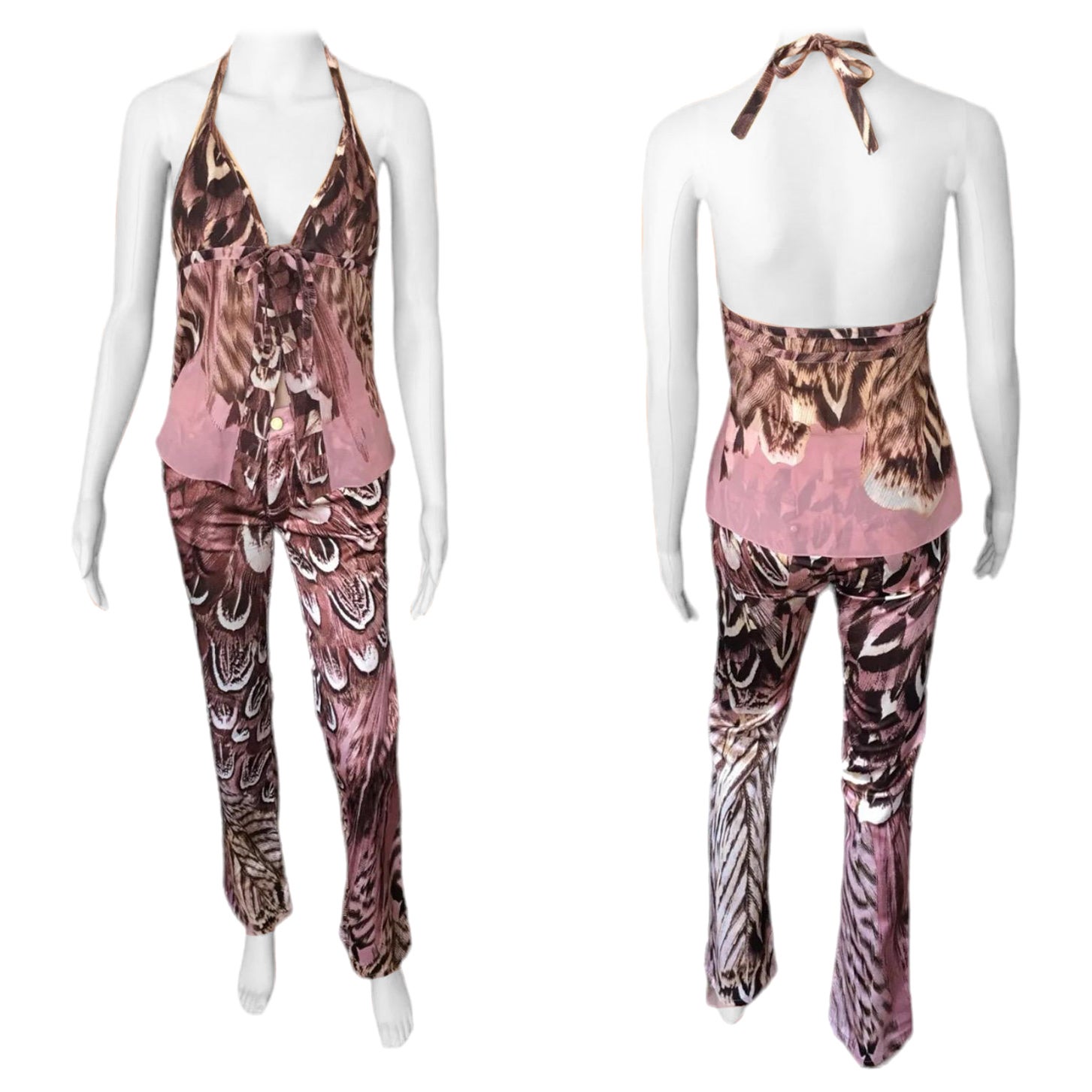 Roberto Cavalli S/S 2005 Feather Print Halter Top & Pants 2 Piece Set Ensemble For Sale