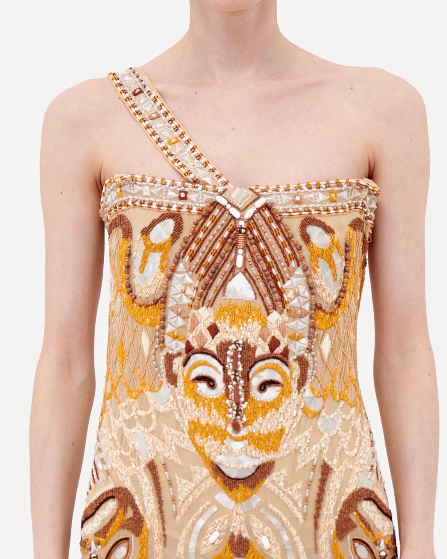 Beige Roberto Cavalli S/S 2005 heavily beaded tribal mask corseted dress For Sale