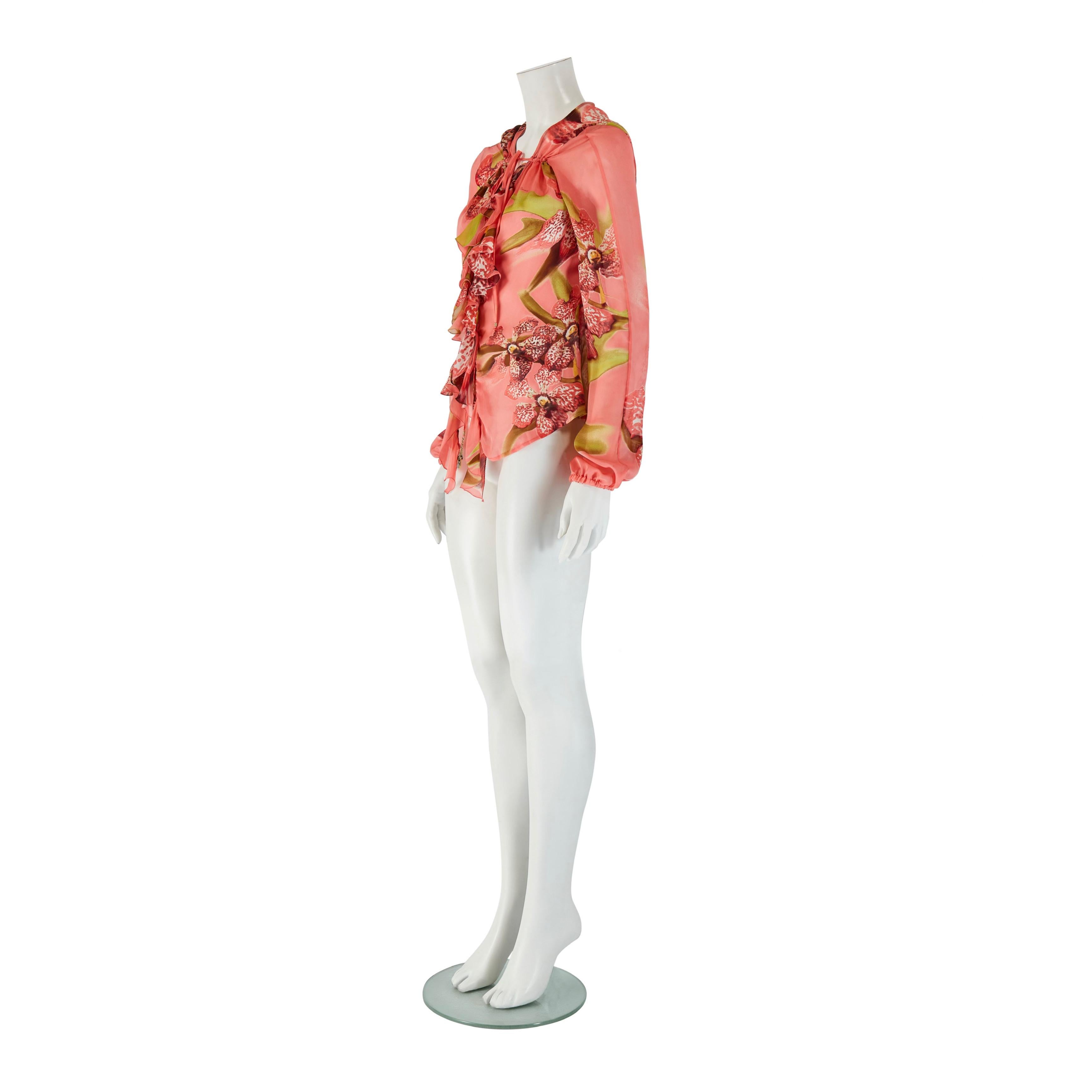Orange Roberto Cavalli S/S 2005 Orchid Floral Print Silk Blouse Top For Sale