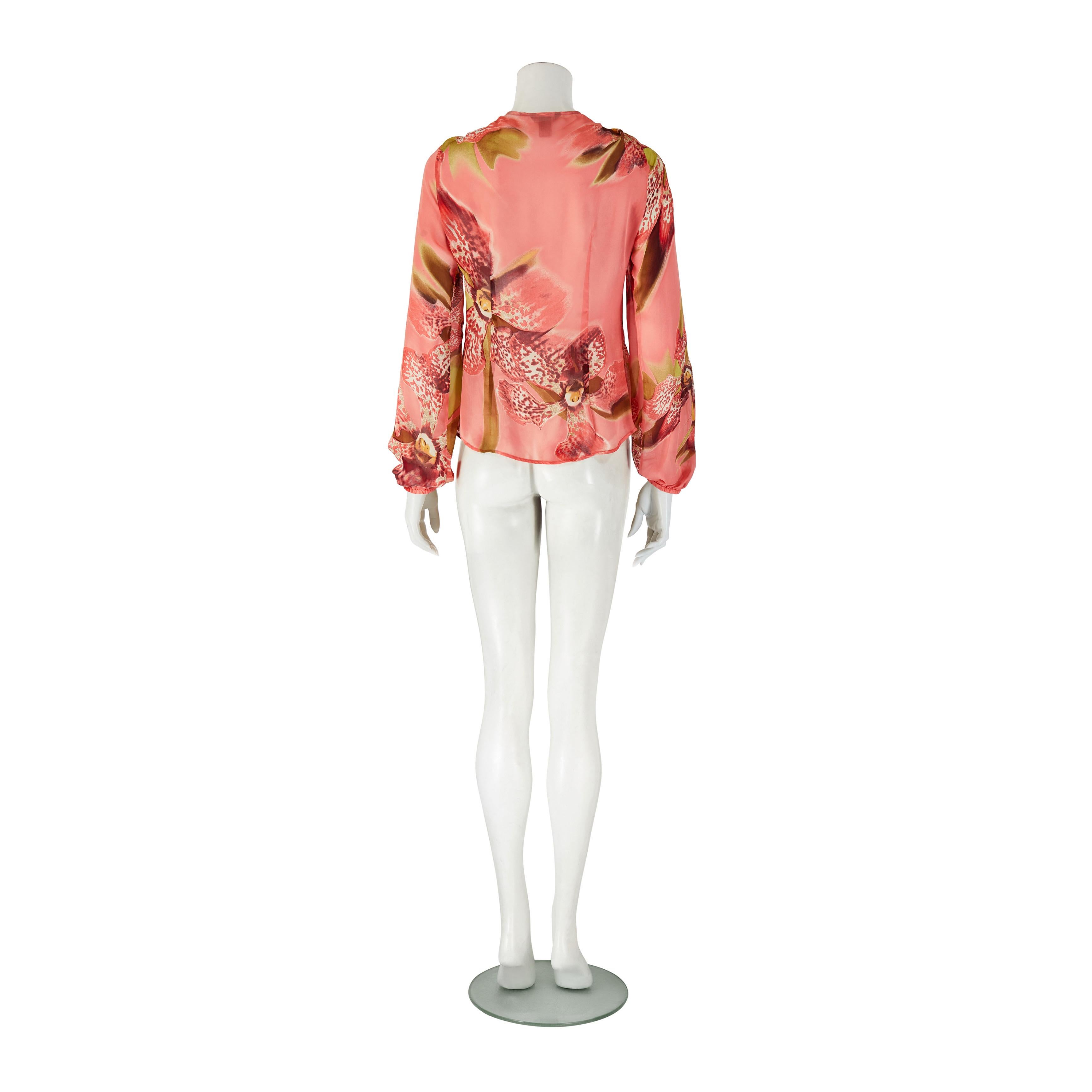 Roberto Cavalli S/S 2005 Orchid Floral Print Silk Blouse Top In Good Condition For Sale In Wembley, GB