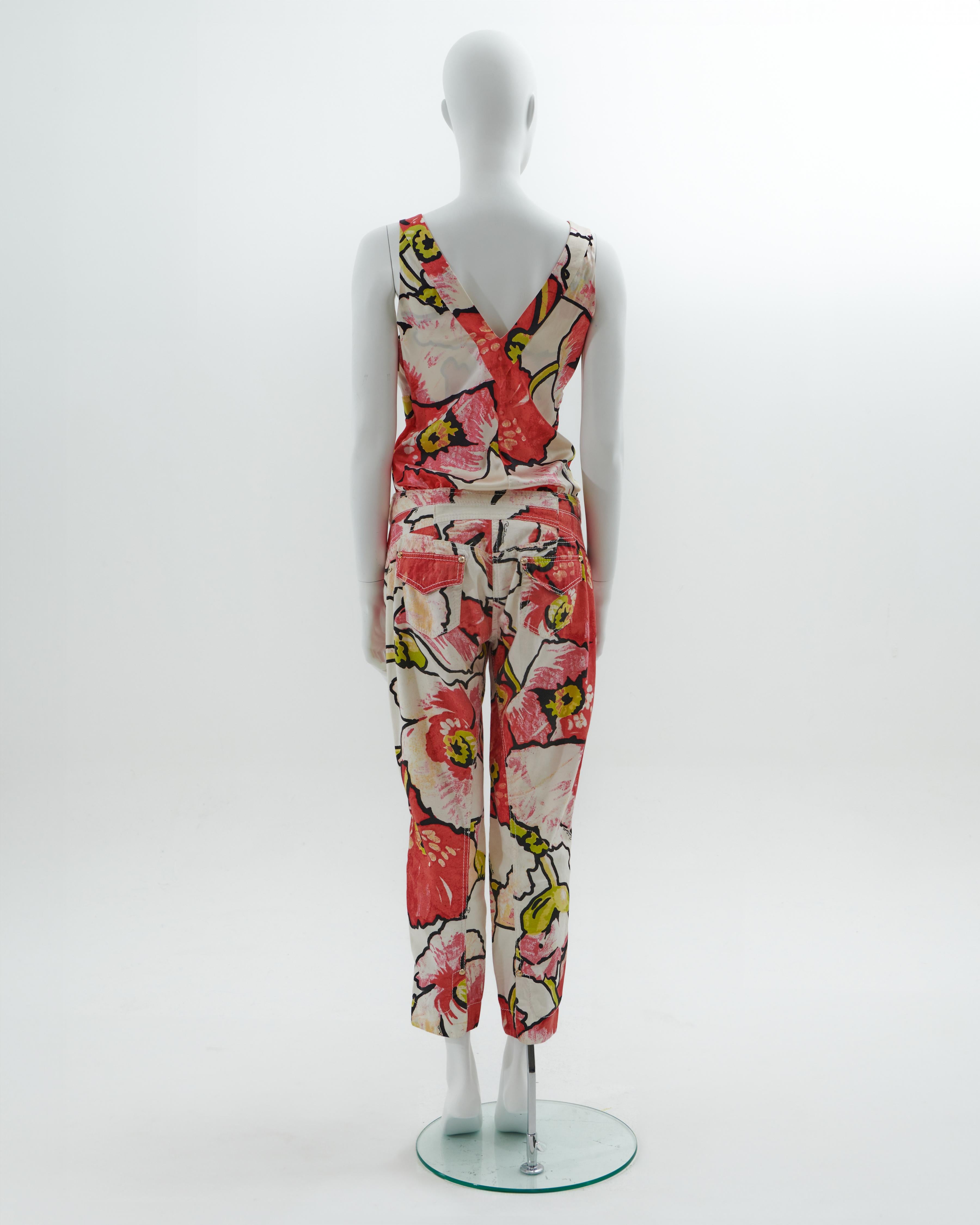 Roberto Cavalli S/S 2005 Red floral print pants set  In Excellent Condition For Sale In Milano, IT