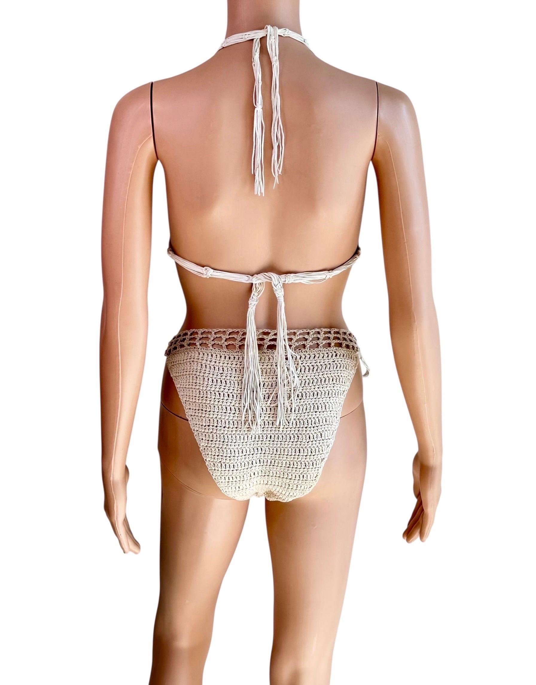 Roberto Cavalli S/S 2005 Runway Crochet Zweiteiliges Bikini Set Badeanzug Bademode (Beige) im Angebot