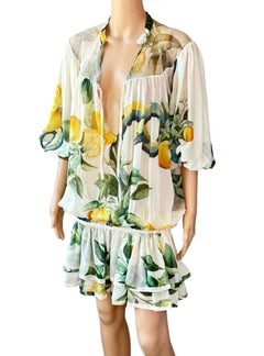Roberto Cavalli S/S 2005 Runway Lemon Print Plunging Neckline Mini Dress