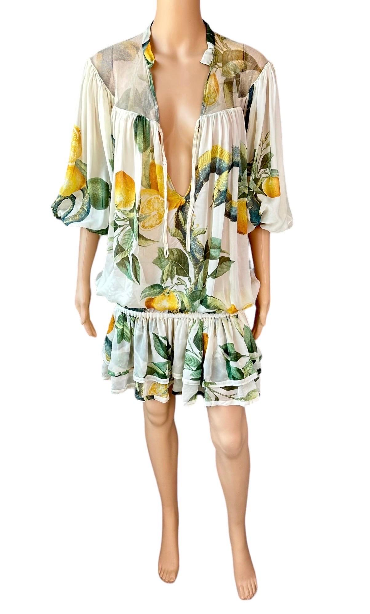 Beige Roberto Cavalli S/S 2005 Runway Lemon Print Plunging Neckline Mini Dress en vente