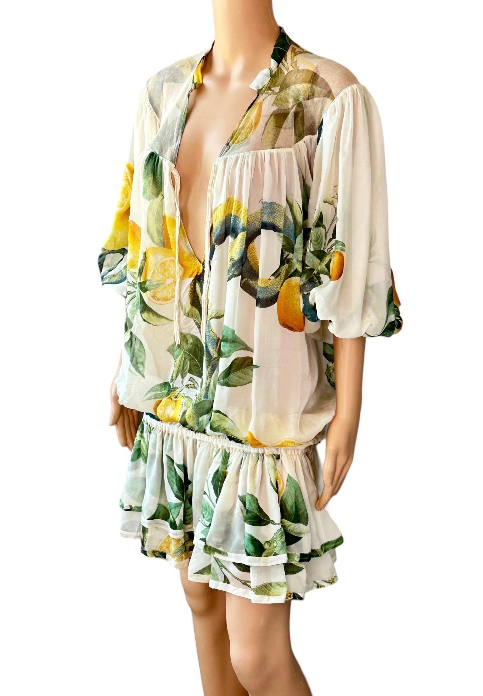 Roberto Cavalli S/S 2005 Runway Lemon Print Plunging Neckline Mini Dress Bon état - En vente à Naples, FL