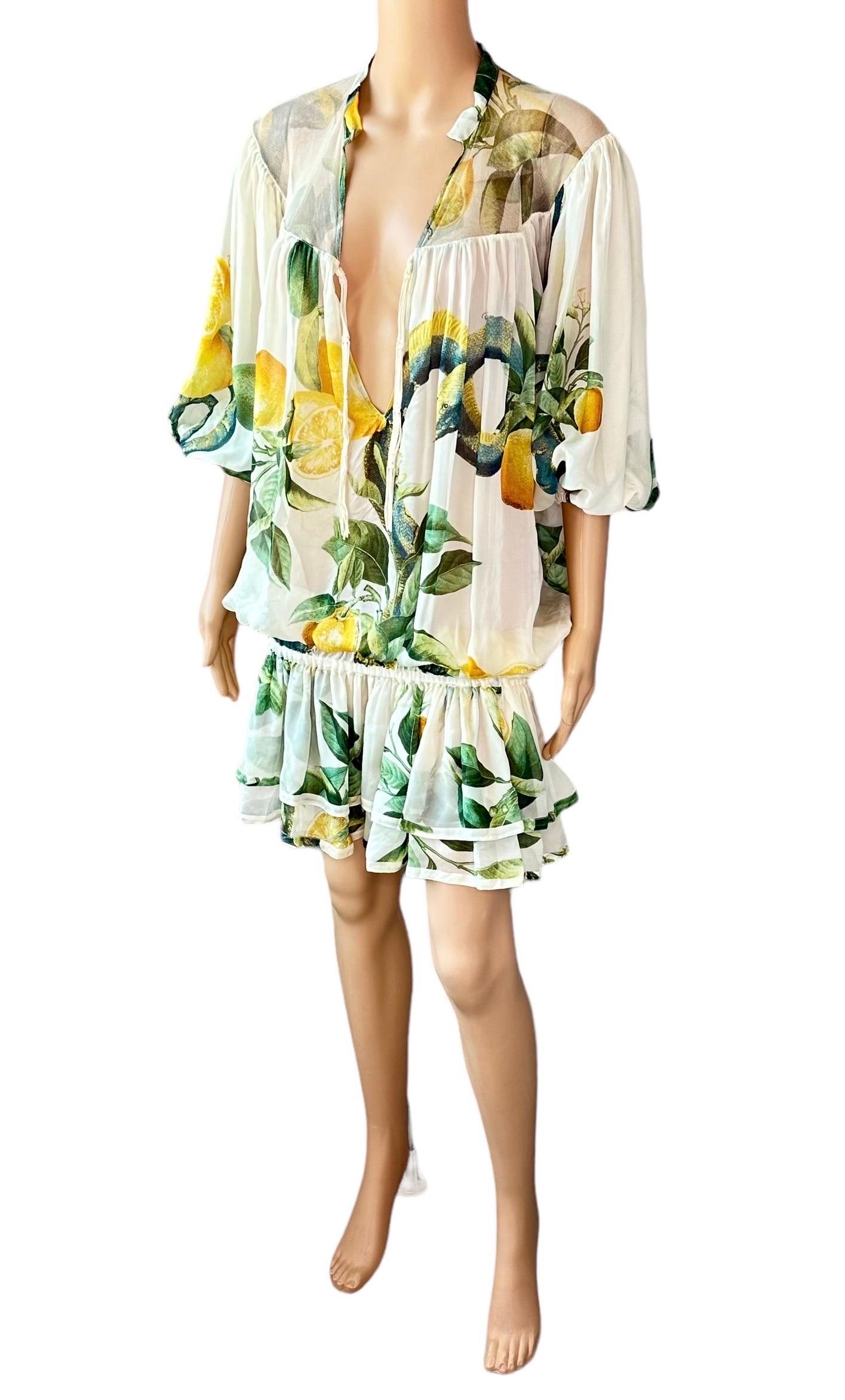 Roberto Cavalli S/S 2005 Runway Lemon Print Plunging Neckline Mini Dress Pour femmes en vente